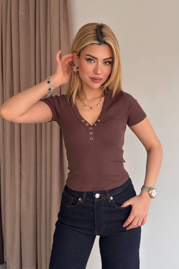 V Yaka Çıtçıtlı Kaşkorse Crop-Mocha Mocha
