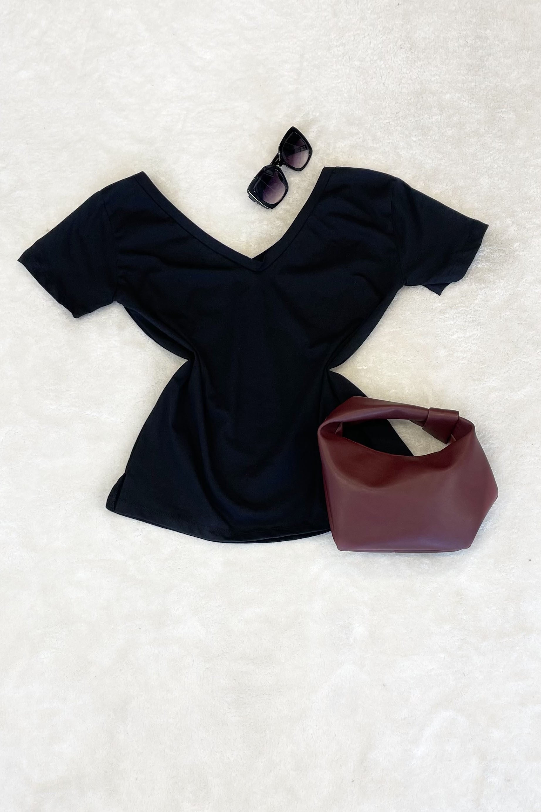 V Yaka Oversize Basic Tsihirt - Siyah SİYAH