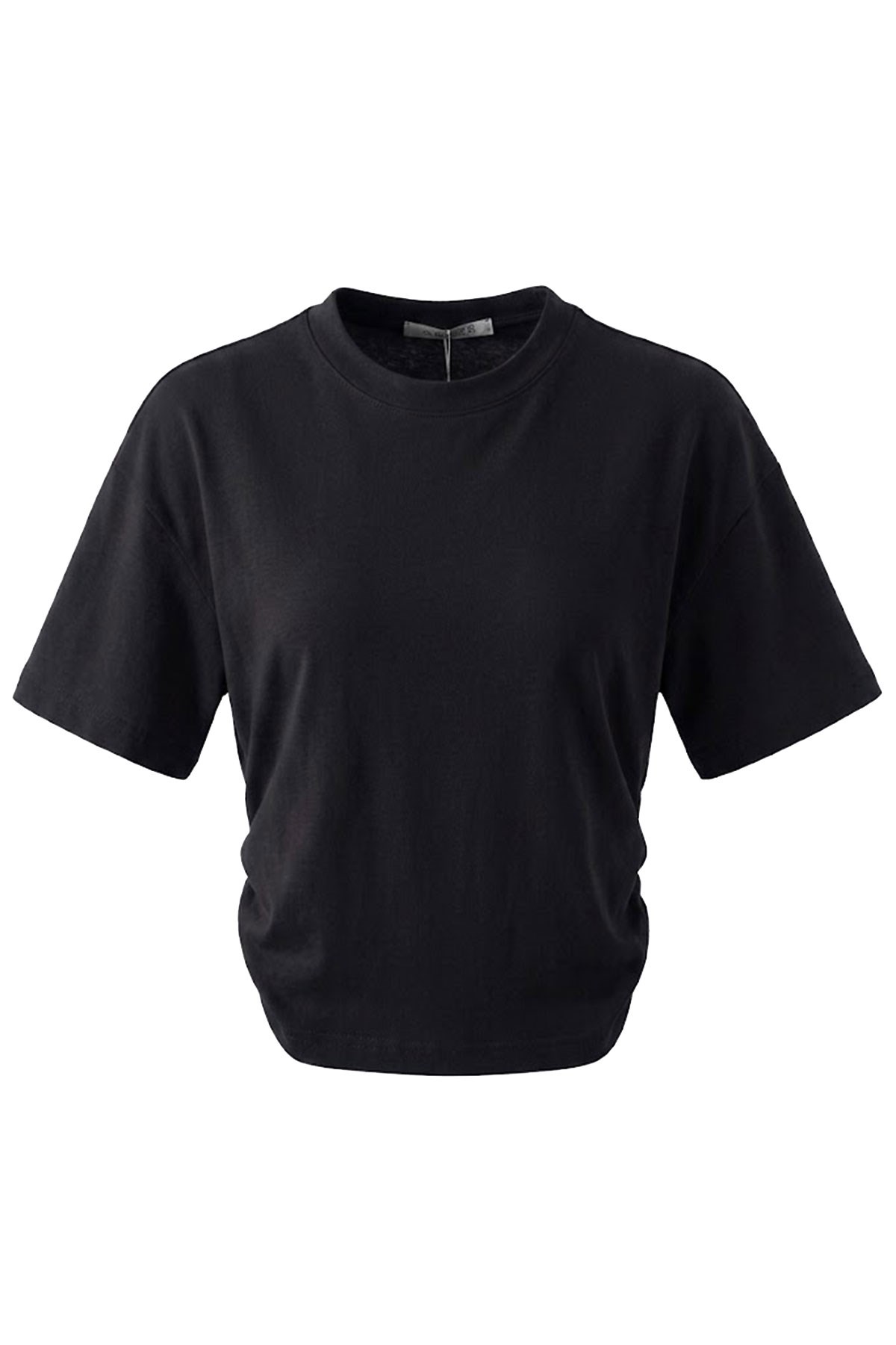 Yan Büzgü Detay Bisiklet Yaka T-shirt SİYAH