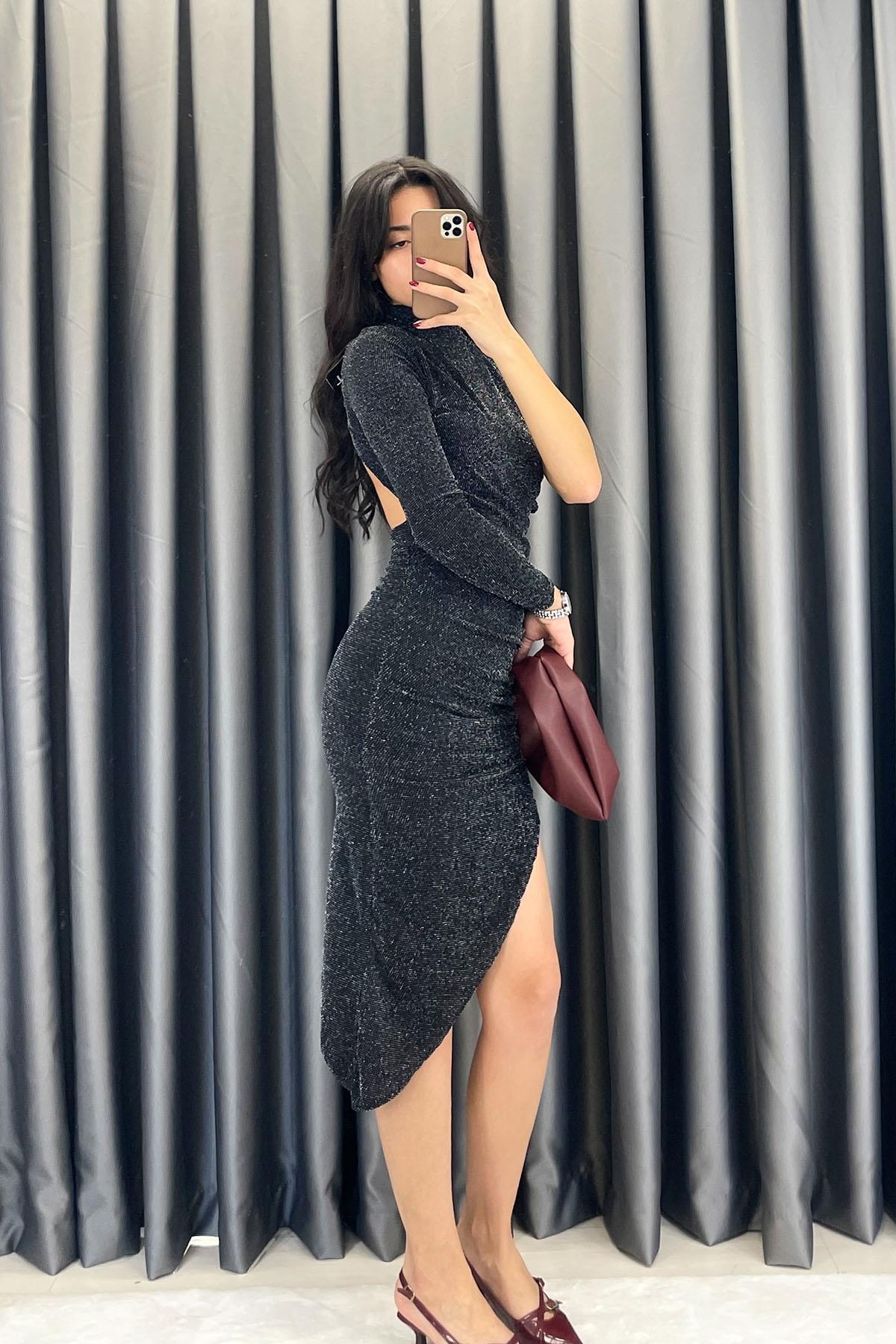 Yan Drape Sırt Dekolteli Asimetrik Simli Elbise - Siyah SİYAH