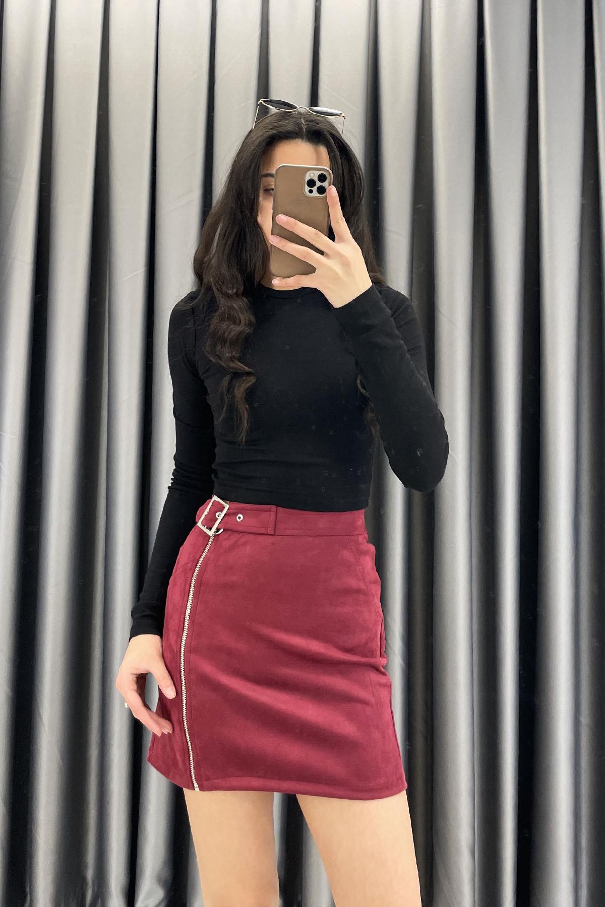 Yan Fermuarlı Süet Kalem Etek - Bordo BORDO