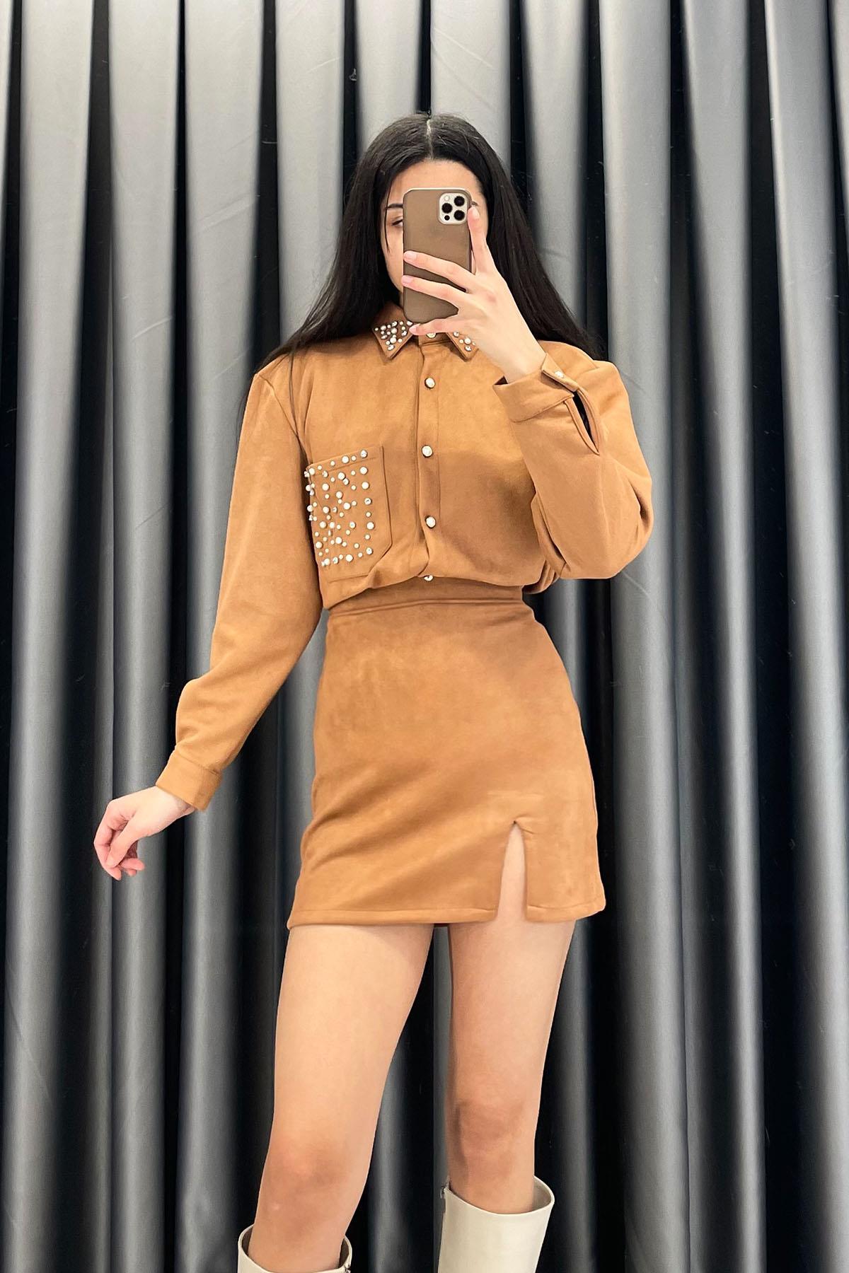 Yan Yırtmaçlı Mini Süet Etek - Taba TABA