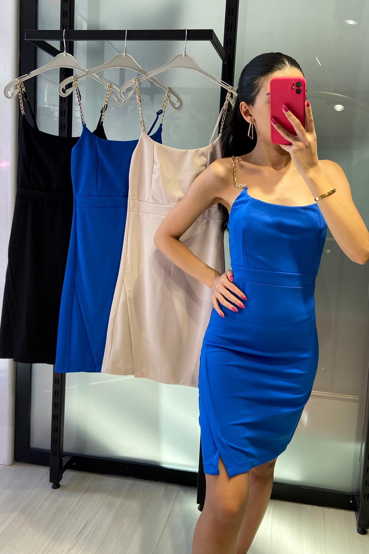 Zincir Askılı Mini Elbise - Saks SAKS