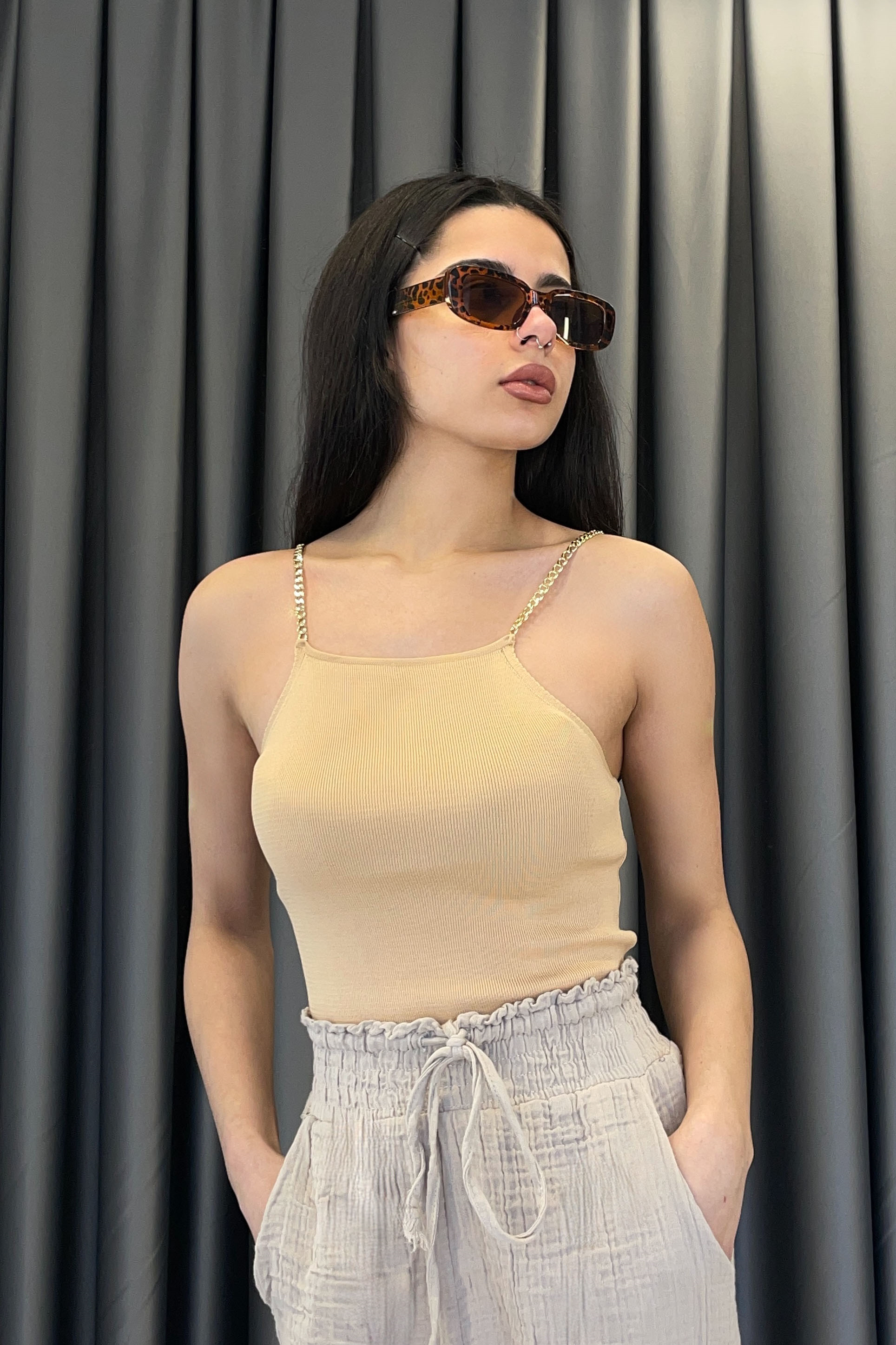 Zincir Askılı Triko Atlet - Camel CAMEL