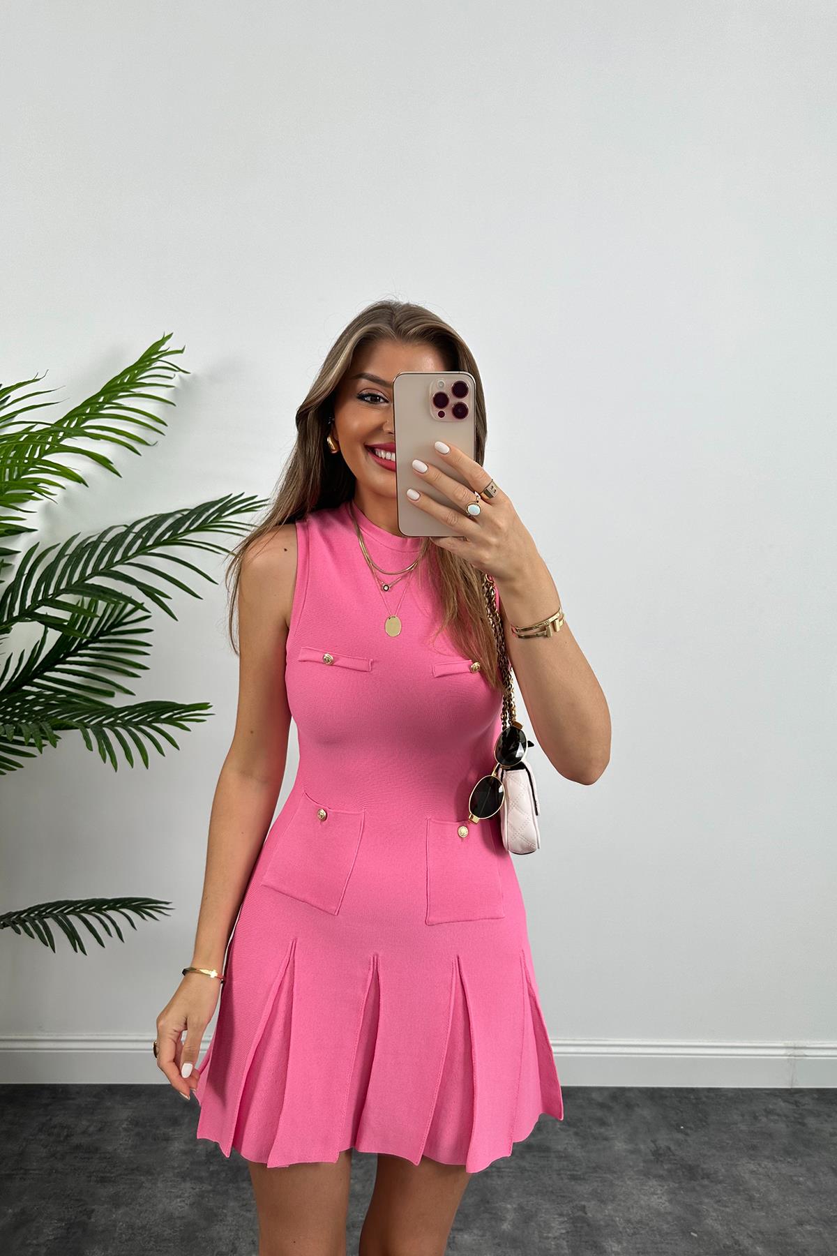  Marka model Lüx Kalite Tasarım Çelik Triko Elbise  Pembe