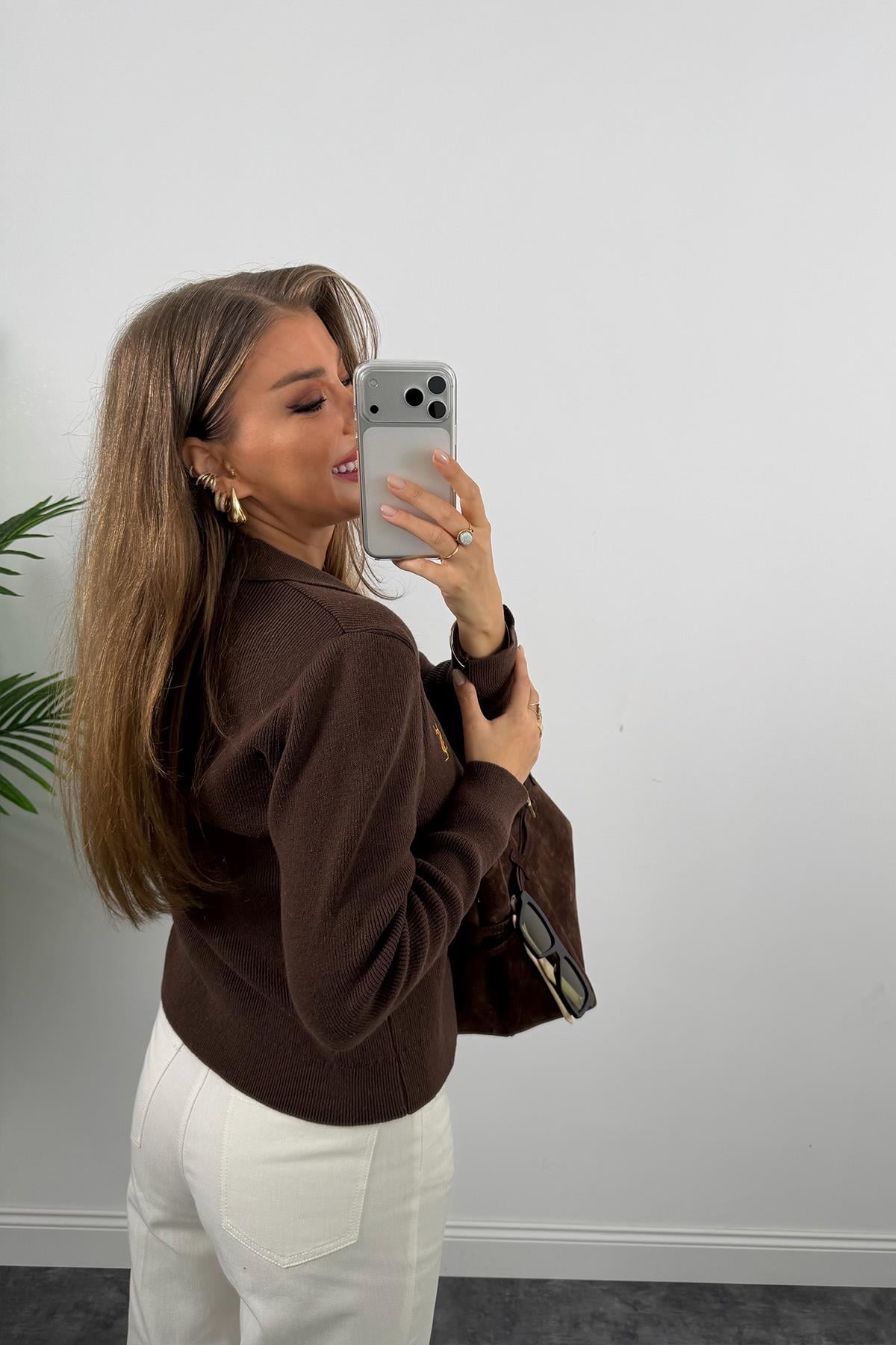 1. Sınıf Kalite Marka Model Gold Nakışlı Hırka Kahverengi