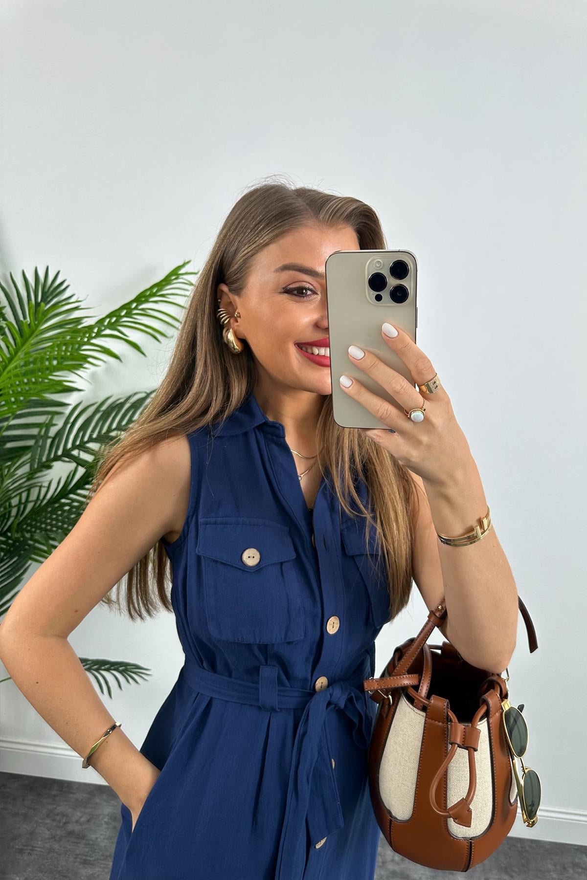 1. Sınıf Kalite Tok Keten Ahşap Düğmeli Midi Boy Elbise Lacivert