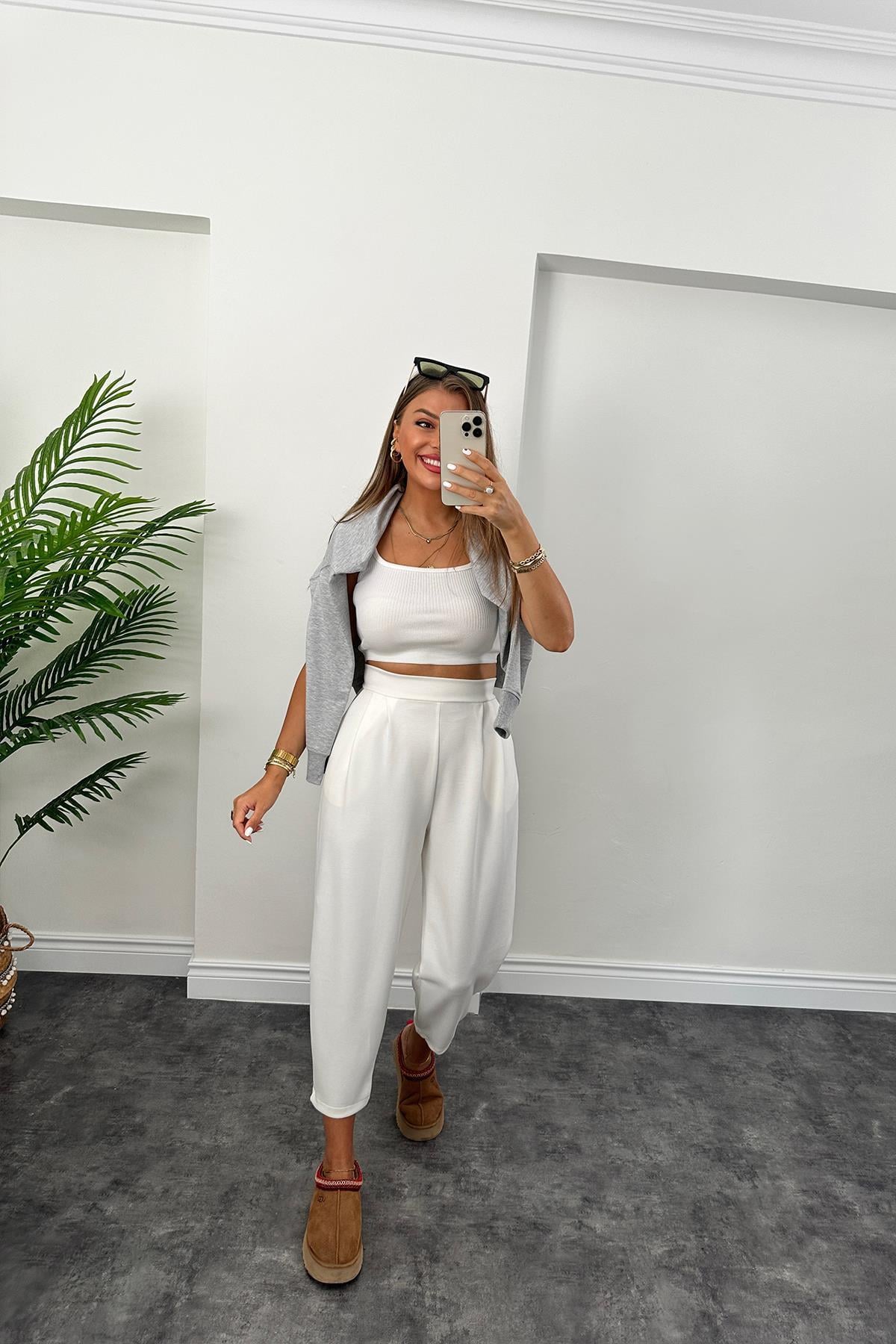 1. Sınıf Kalite Oysh Kumaş Beli Lastikli Harem Pantolon Ekru 