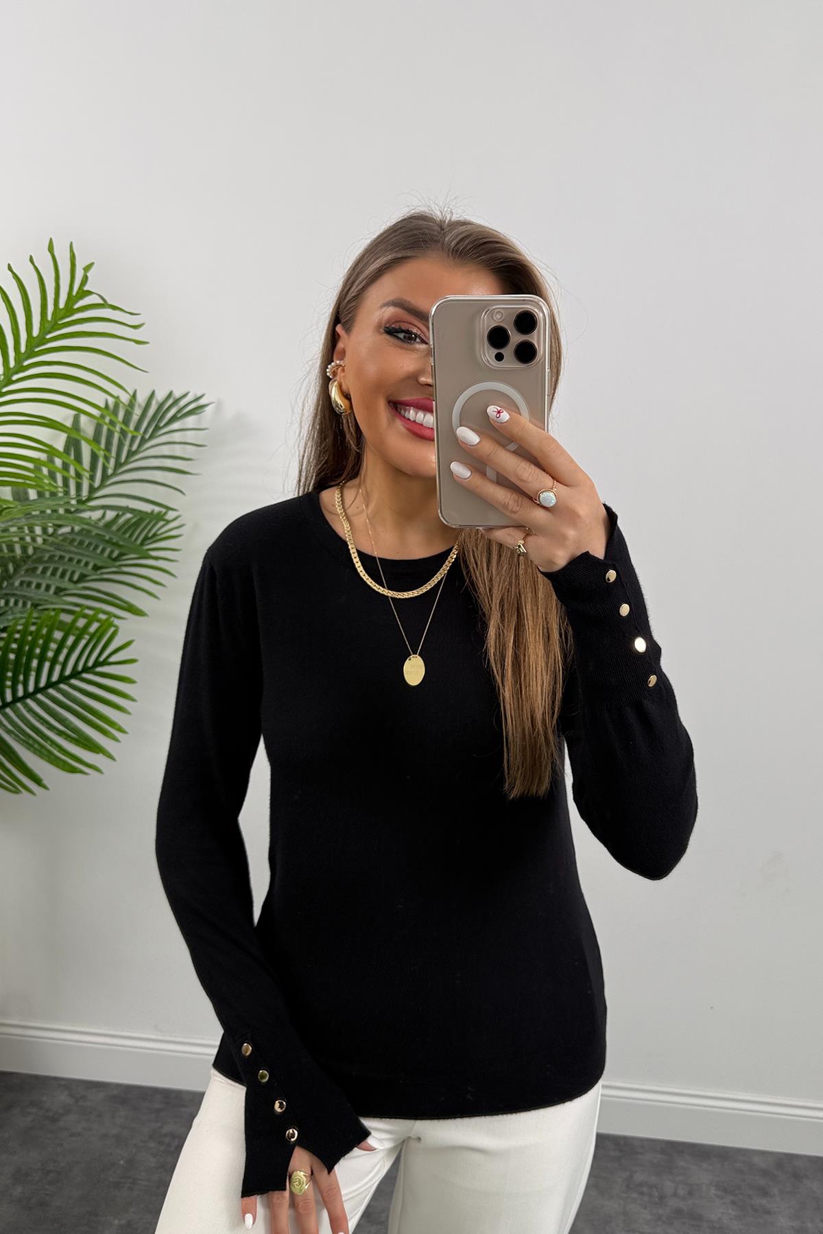 1. Sınıf Kalite Kaşmir Dokulu Kolu Gold Düğmeli İnce Triko Siyah