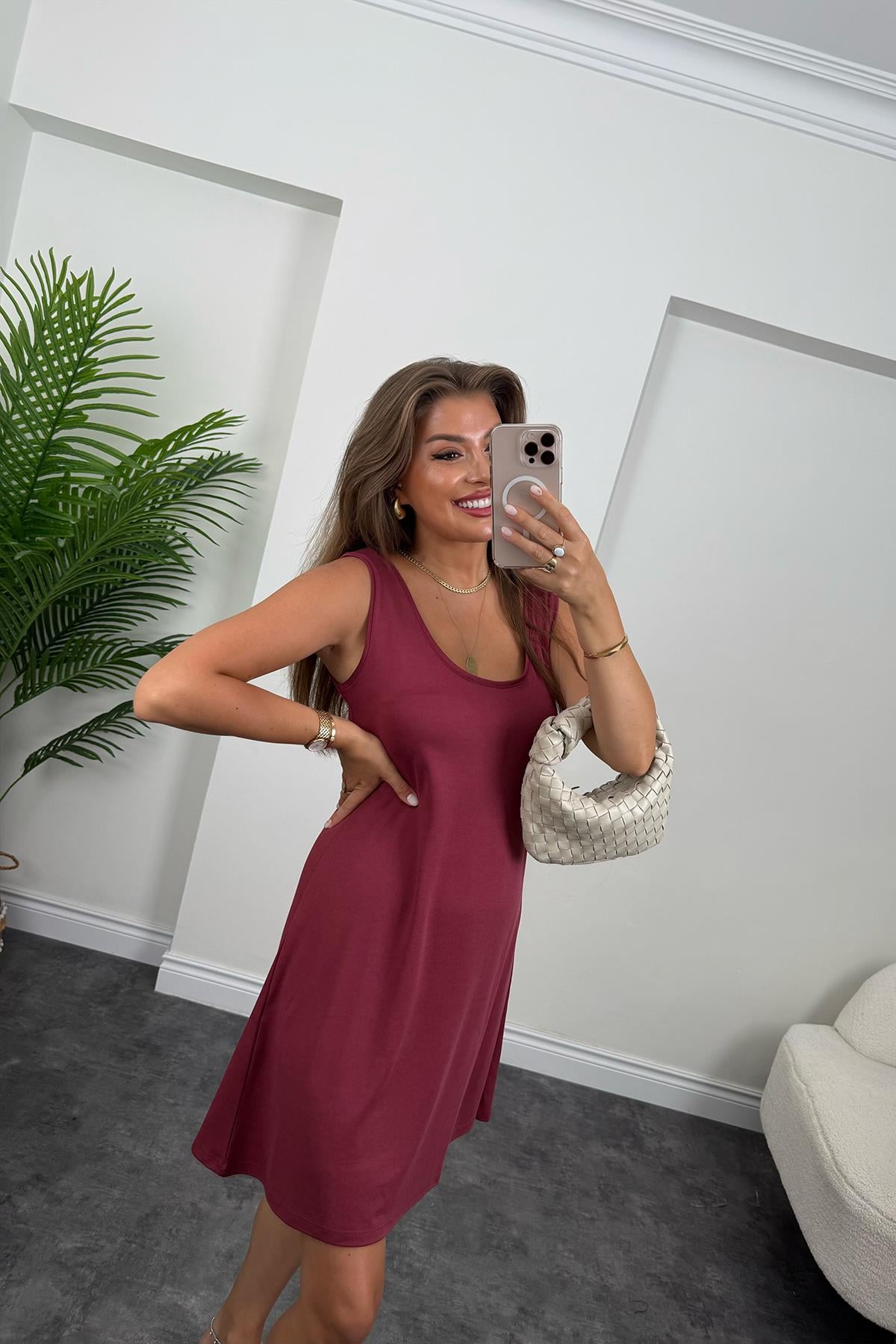 1. Sınıf Kalite Pike Modal Kumaş Sıfır Kol Basic Elbise Vişne