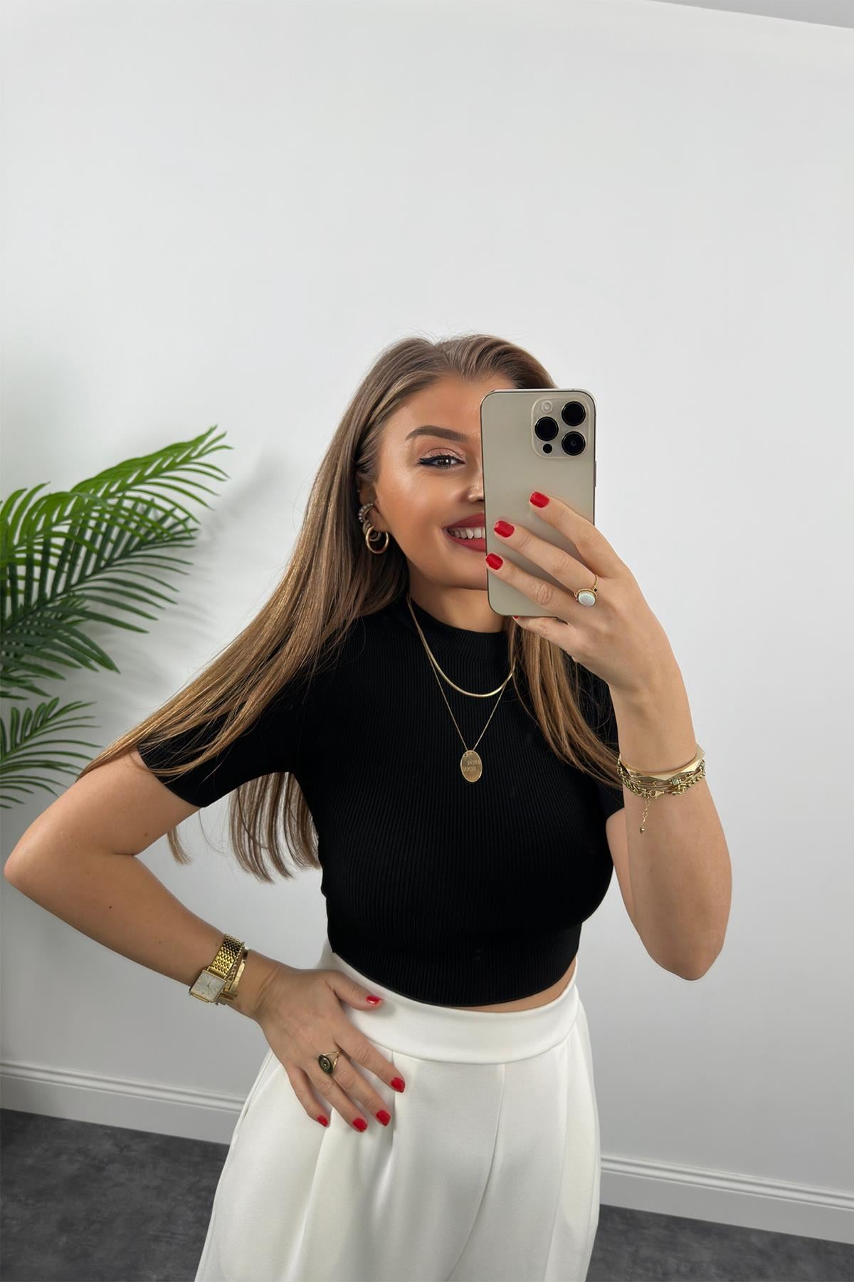 1. Sınıf Kalite  Massi Model Kısa Kollu Bel Boy İpek Merserize Siyah