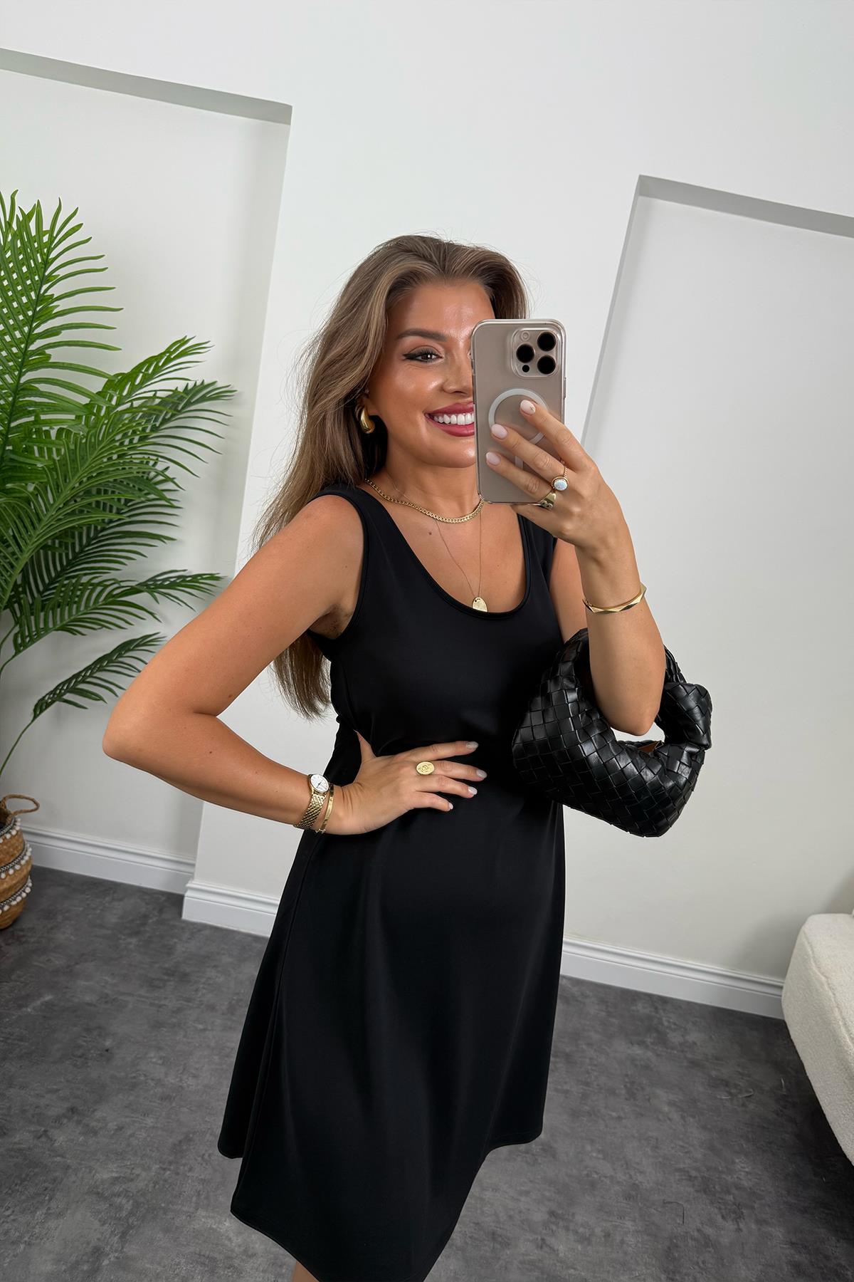 1. Sınıf Kalite Pike Modal Kumaş Sıfır Kol Basic Elbise Siyah