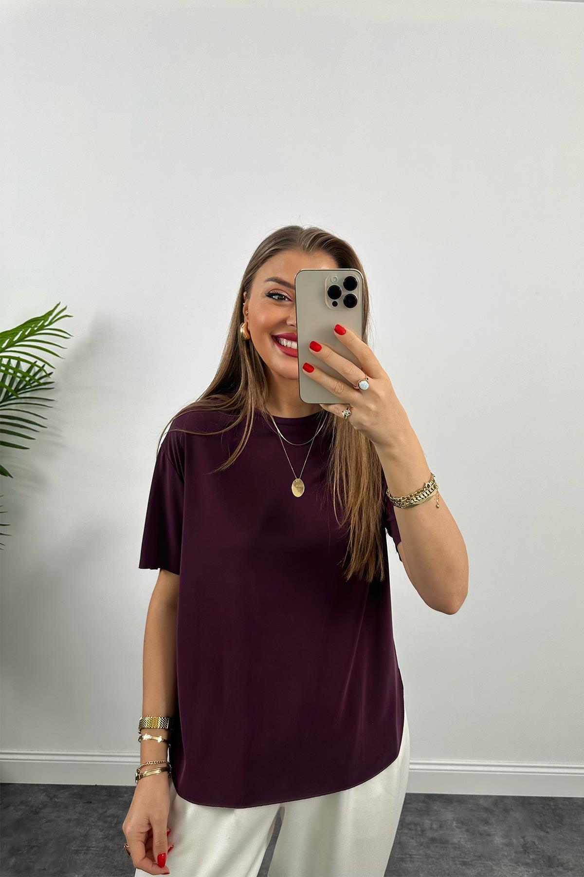 1. Sınıf Kalite Modal Kumaş Oysh Basic Tshirt Mürdüm 