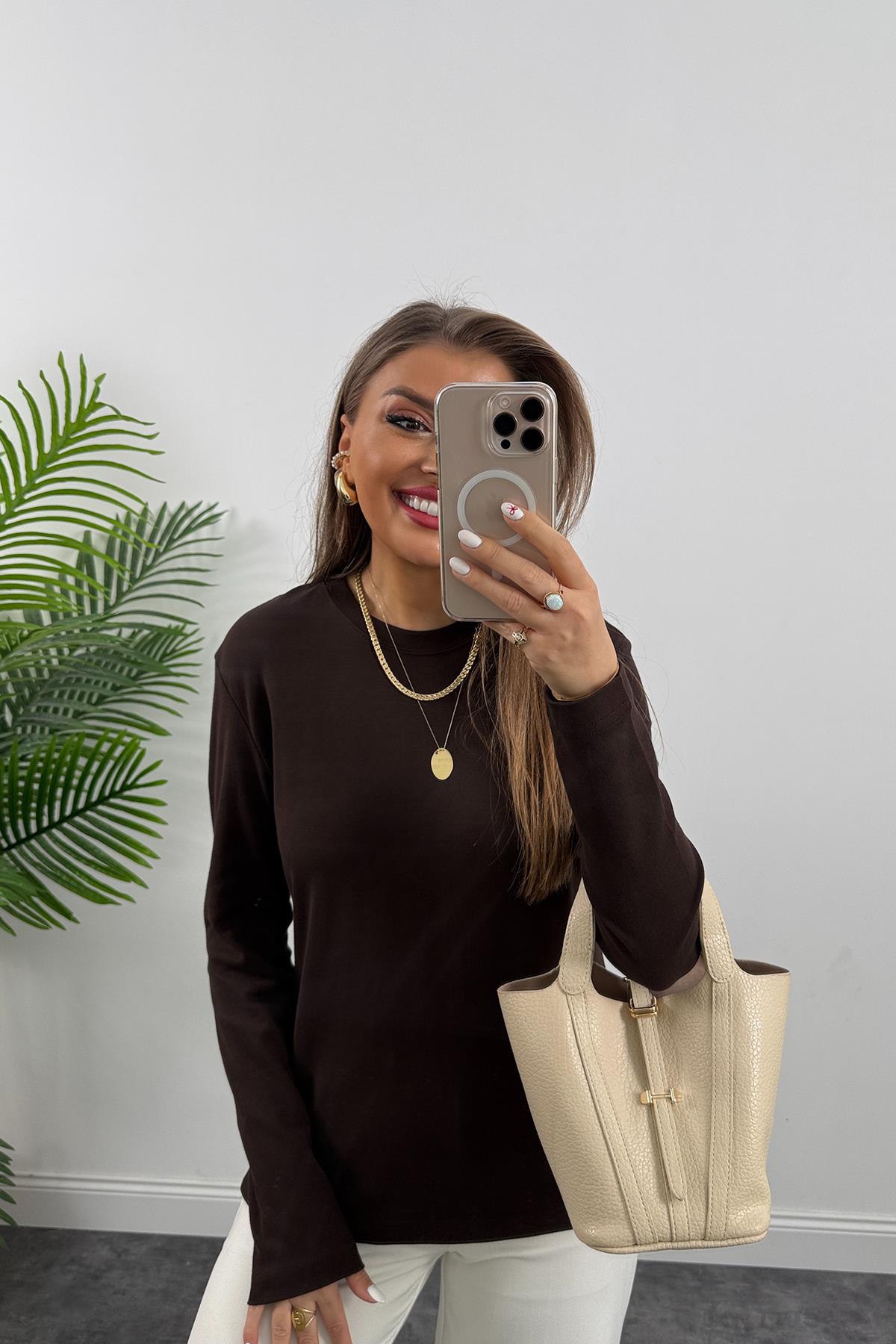 1. Sınıf Kalite  Massi Model Tam Pamuklu Uzun Kol Basic Acı Kahve