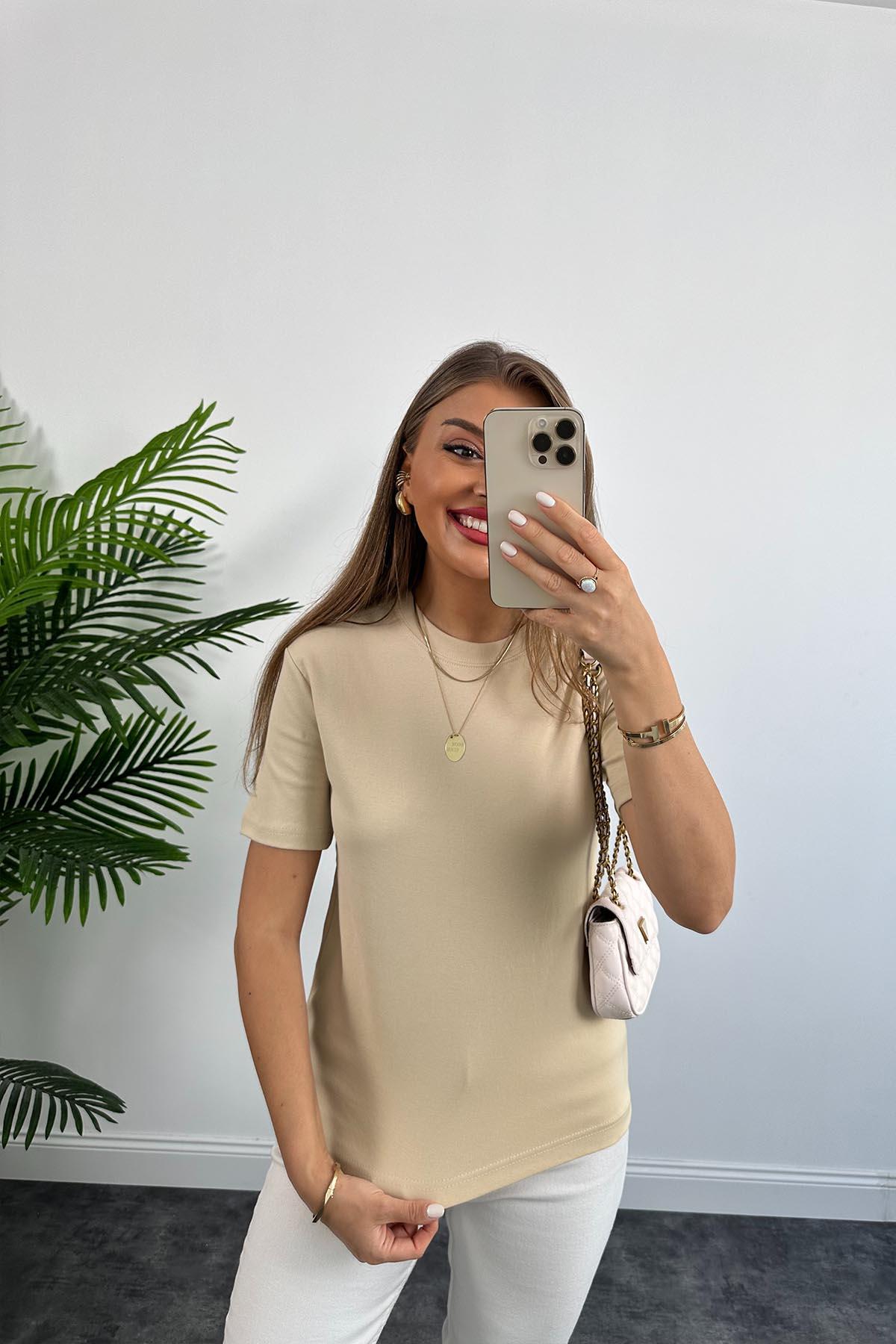 1. Sınıf Kalite Massi Model %100 Pamuklu Lüx Basic Tshirt Bej