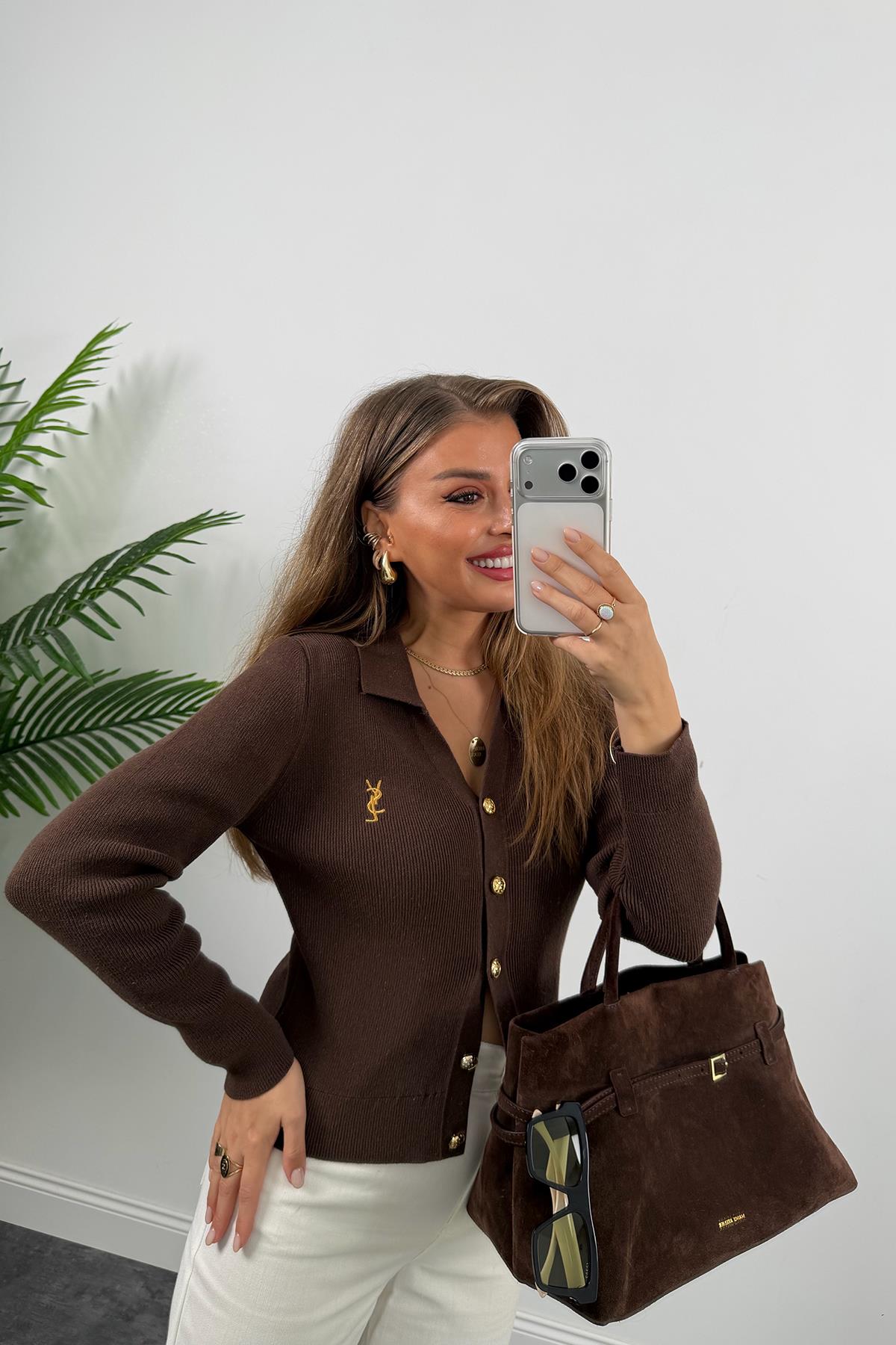 1. Sınıf Kalite Marka Model Gold Nakışlı Hırka Kahverengi