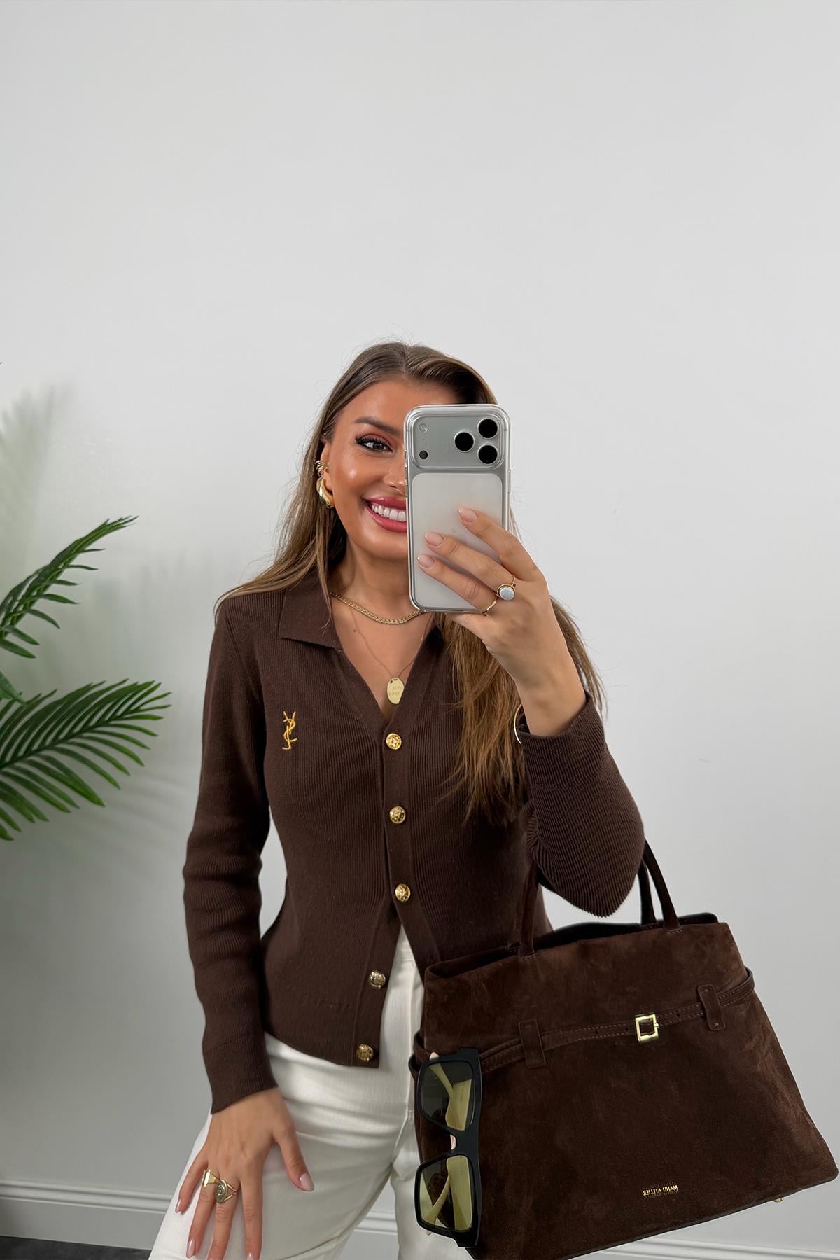 1. Sınıf Kalite Marka Model Gold Nakışlı Hırka Kahverengi