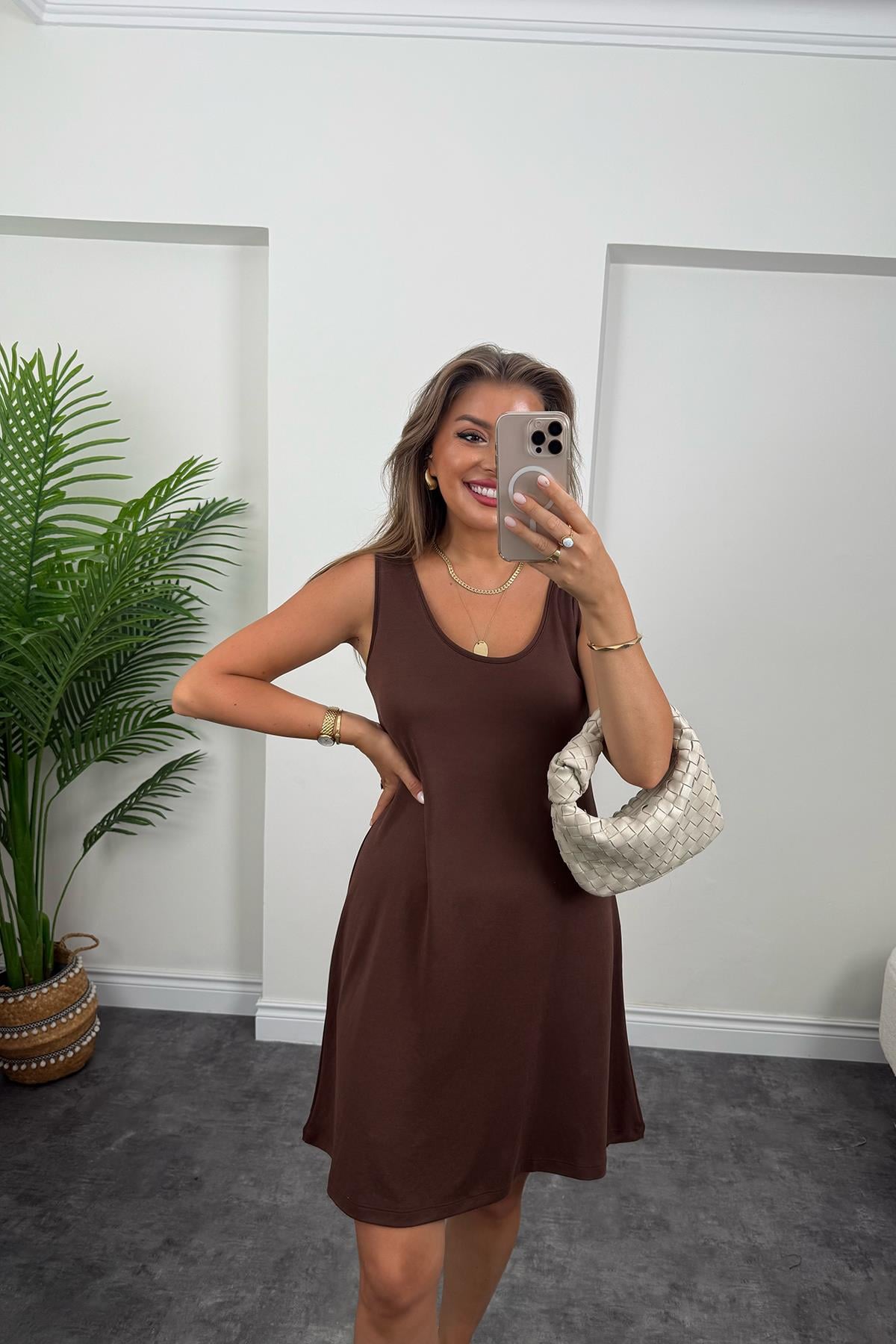 1. Sınıf Kalite Pike Modal Kumaş Sıfır Kol Basic Elbise Acı Kahve