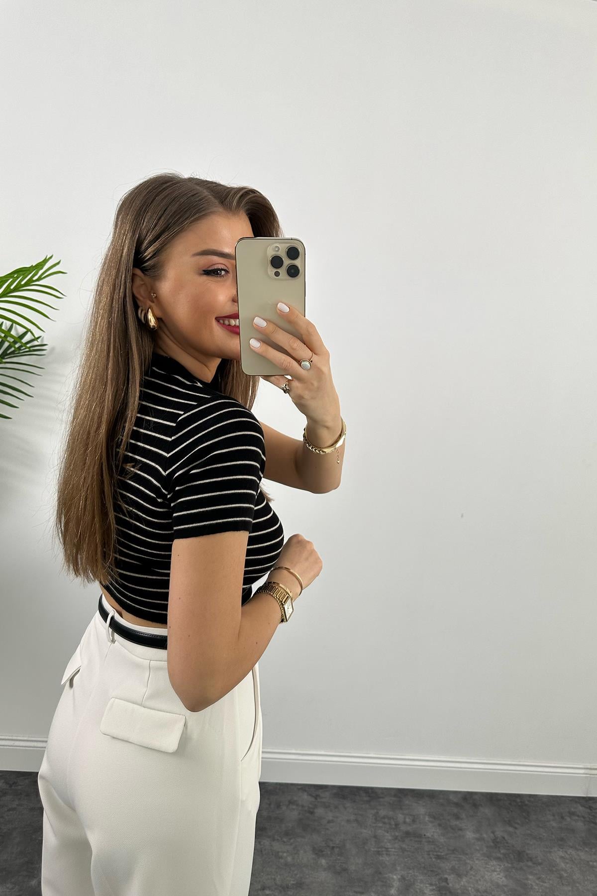1. Sınıf Kalite  Massi Model Crop Boy Kısa Kol Marin İpek Merserize Siyah