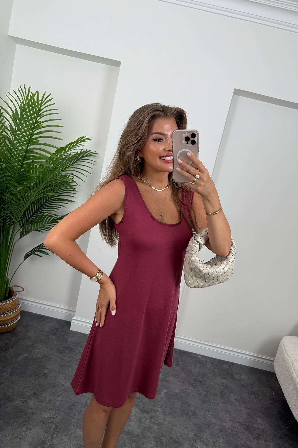 1. Sınıf Kalite Pike Modal Kumaş Sıfır Kol Basic Elbise Vişne