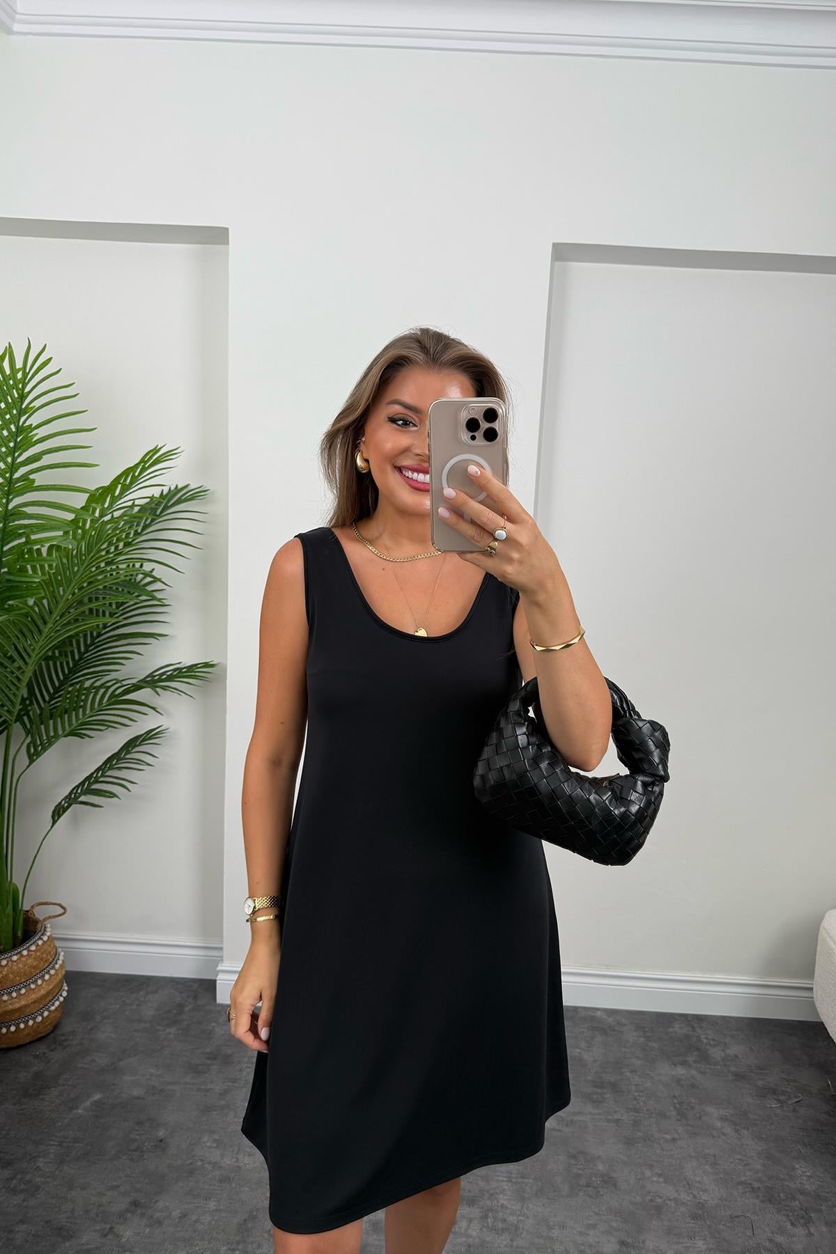 1. Sınıf Kalite Pike Modal Kumaş Sıfır Kol Basic Elbise Siyah