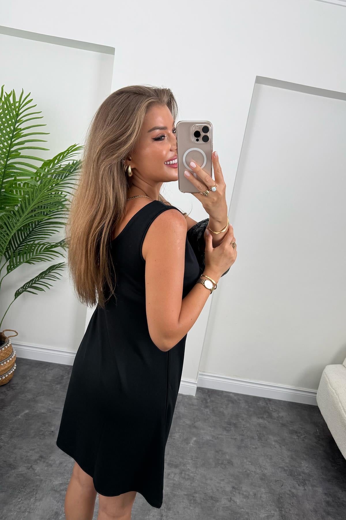 1. Sınıf Kalite Pike Modal Kumaş Sıfır Kol Basic Elbise Siyah