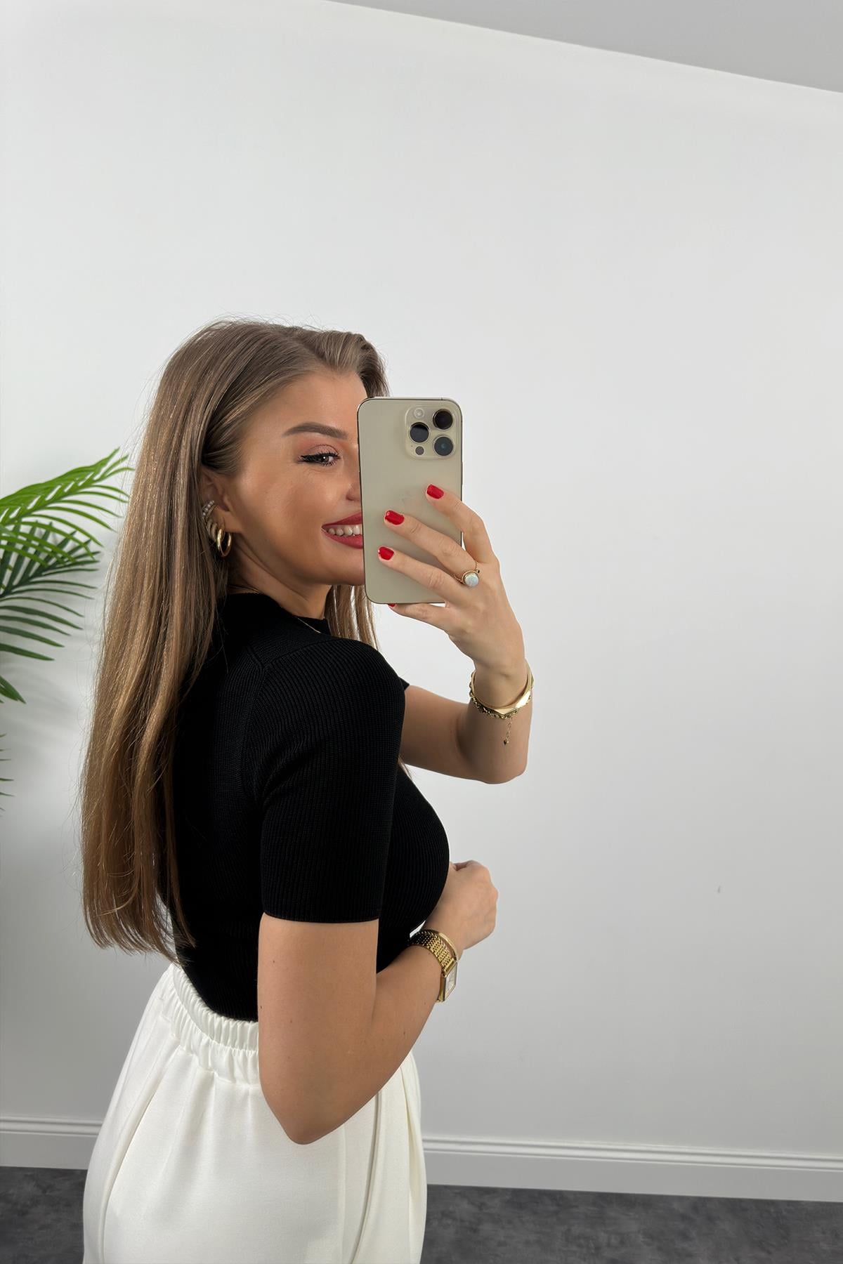 1. Sınıf Kalite  Massi Model Kısa Kollu Bel Boy İpek Merserize Siyah