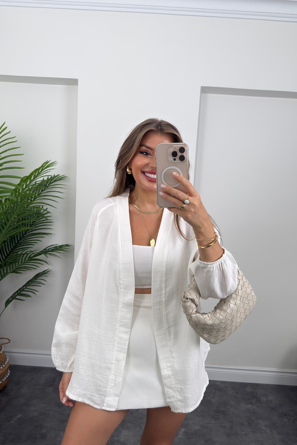 %100 Müslin Organik Kumaş Kimono Ceket Beyaz