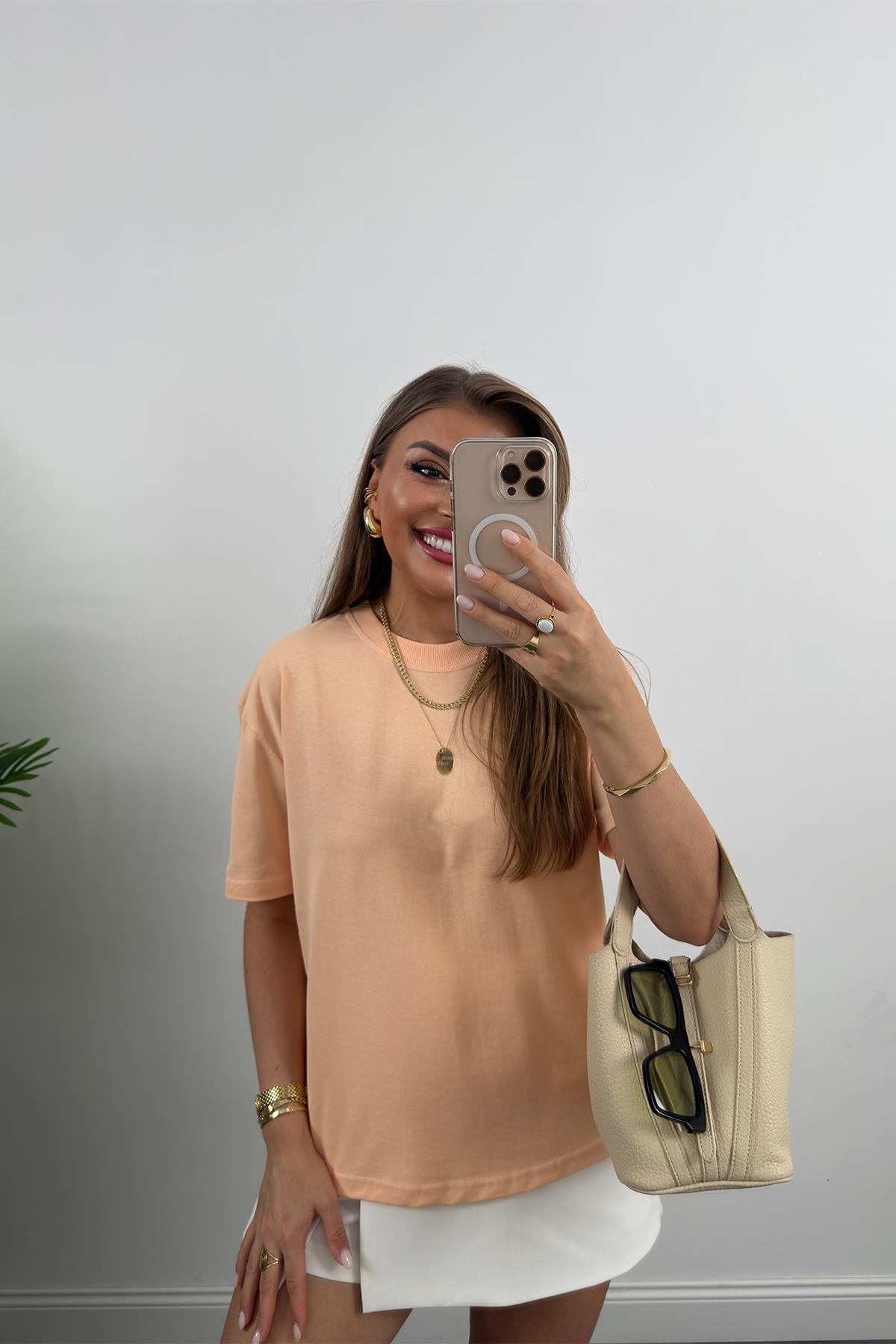 %100 Pamuklu Bisiklet Yaka Premium Basic Tshirt Somon