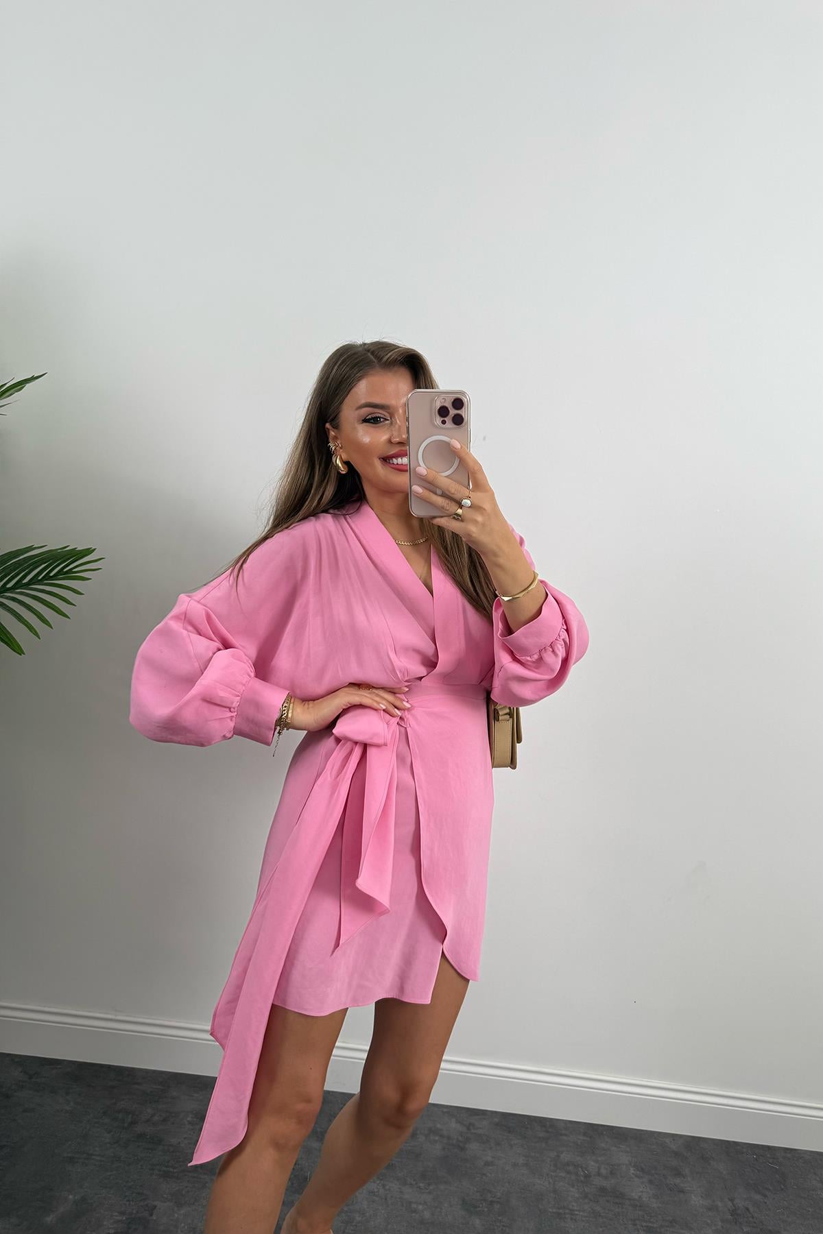 %100 Tensel Balon Kol Lüx Kalite Anvelop Elbise Pembe