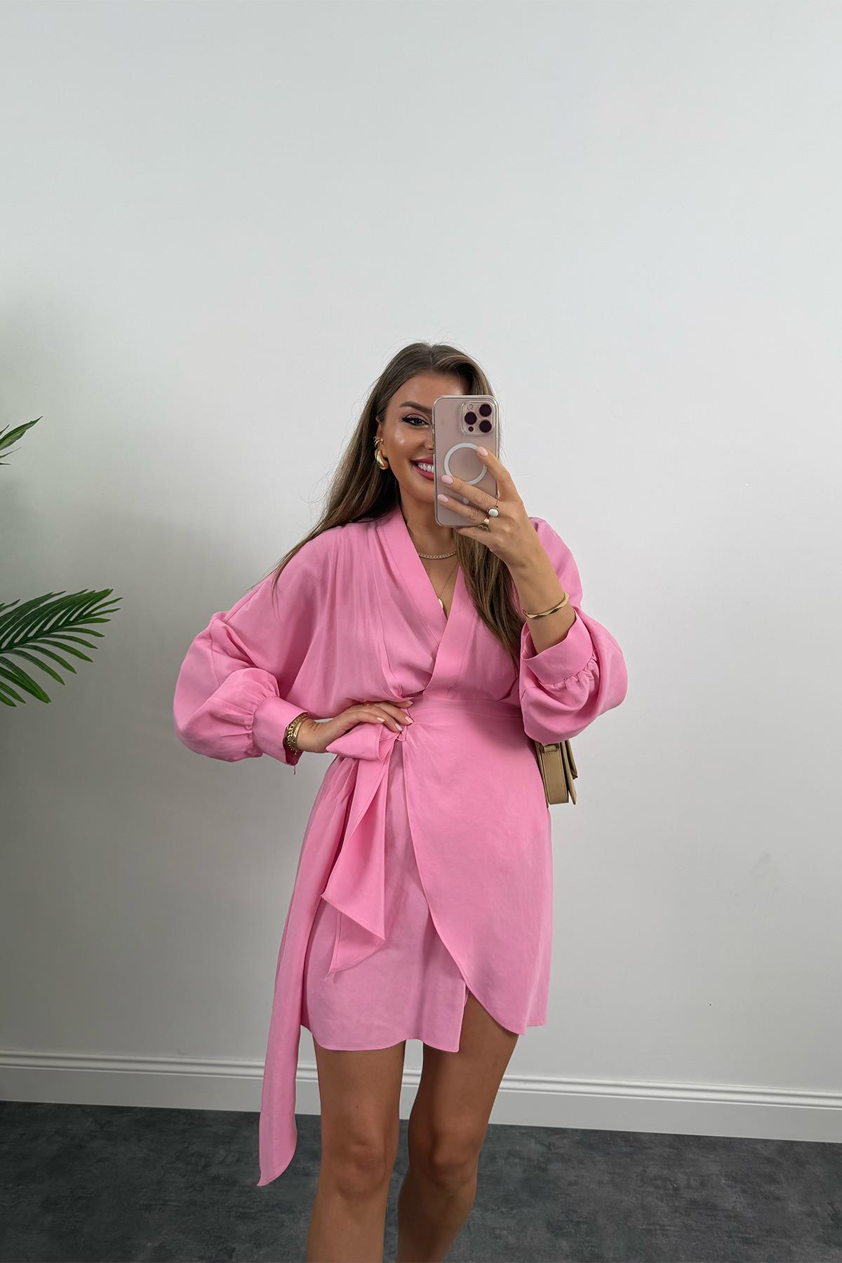 %100 Tensel Balon Kol Lüx Kalite Anvelop Elbise Pembe