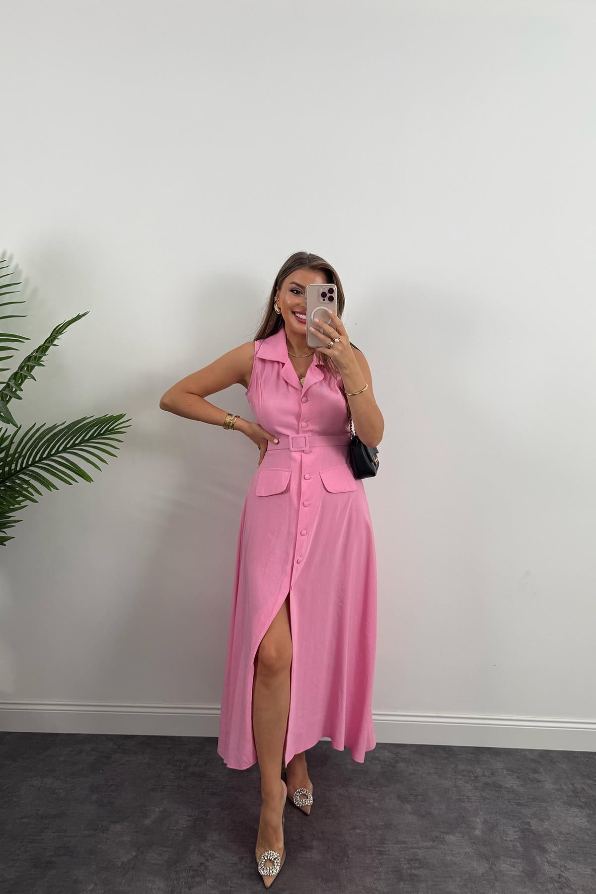 %100 Tensel Kumaş Lüx Kalite Düğmeli Kemerli Maxi Elbise Pembe