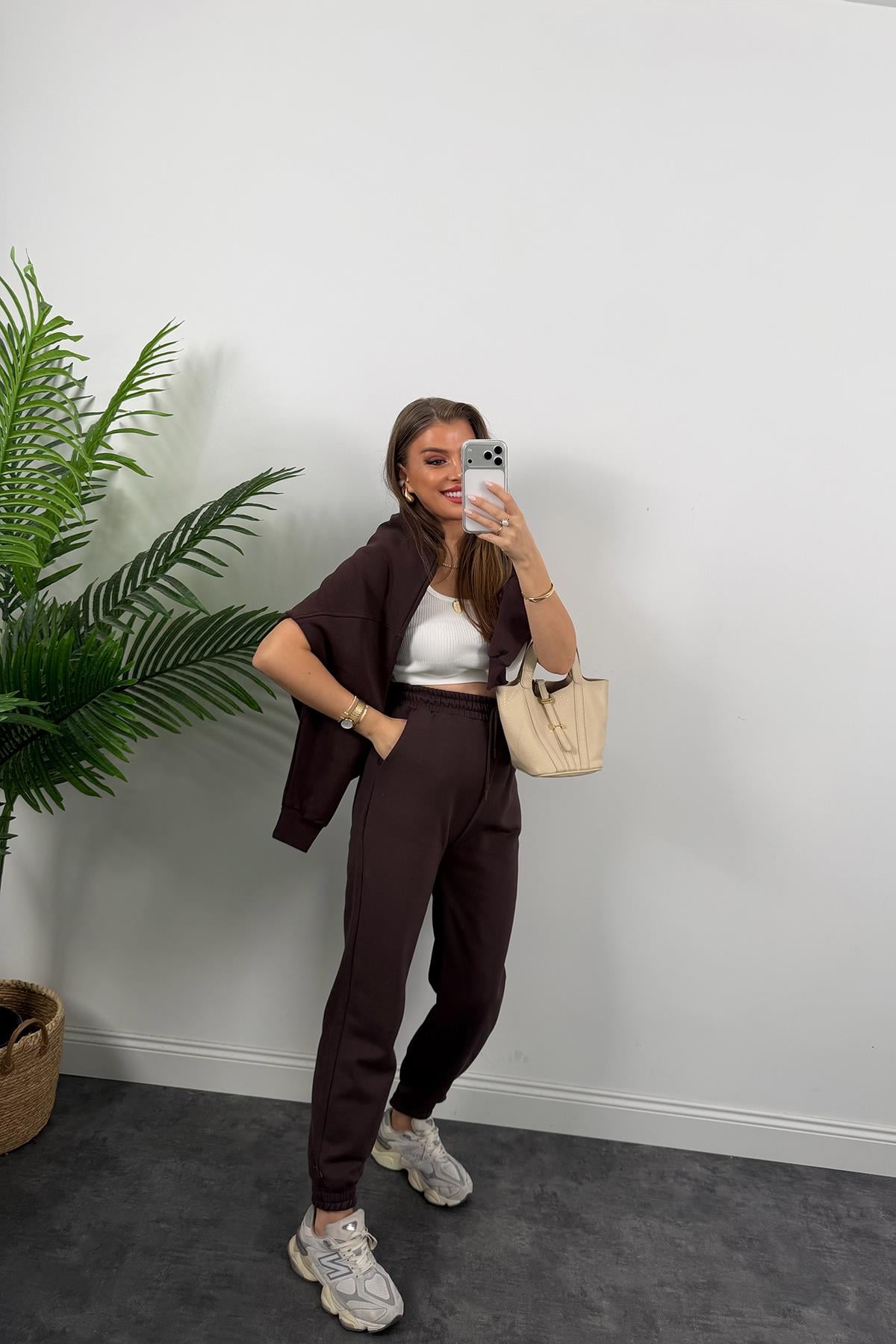 3 İplik Şardonlu Jogger Eşofman Altı Acı Kahve