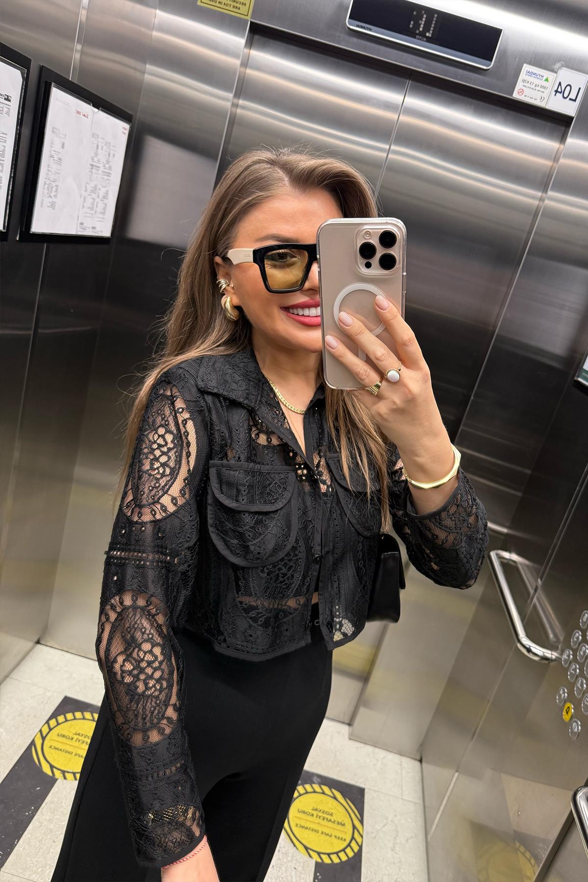 Bebe Lüx Kalite Vatkalı Dantel Tasarım Ceket Gömlek Siyah