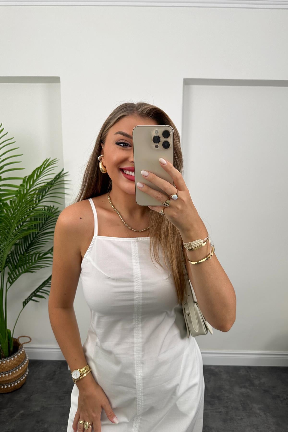 Bebe Marka Lüx Kalite Basic Poplin Elbise Beyaz