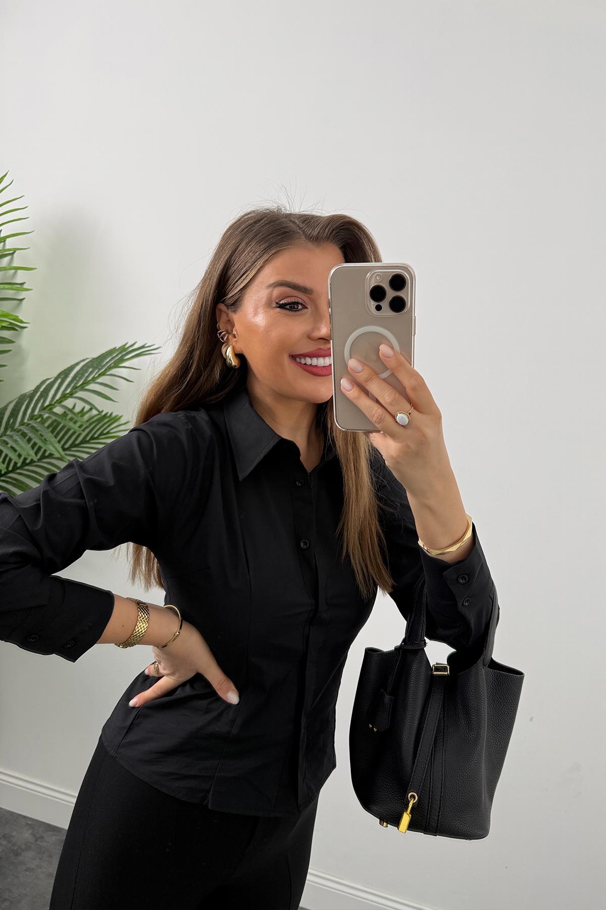 Bebe Marka Lüx Kalite Belden Oturtmalı Basic Gömlek Siyah 