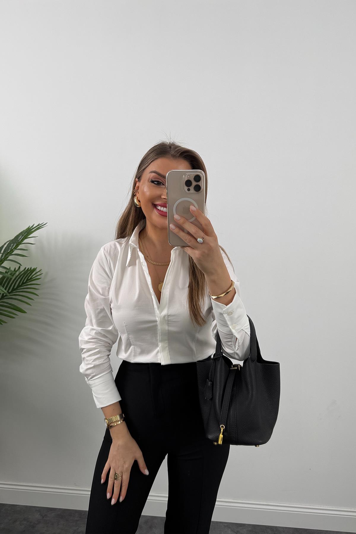 Bebe Marka Lüx Kalite Belden Oturtmalı Basic Gömlek Beyaz