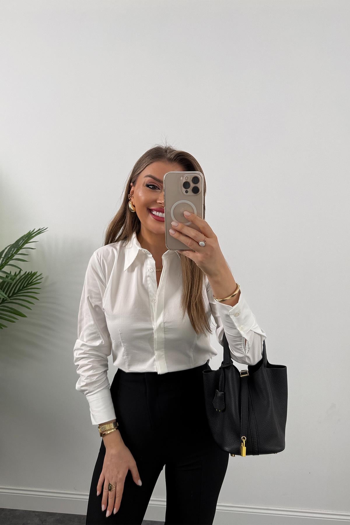 Bebe Marka Lüx Kalite Belden Oturtmalı Basic Gömlek Beyaz
