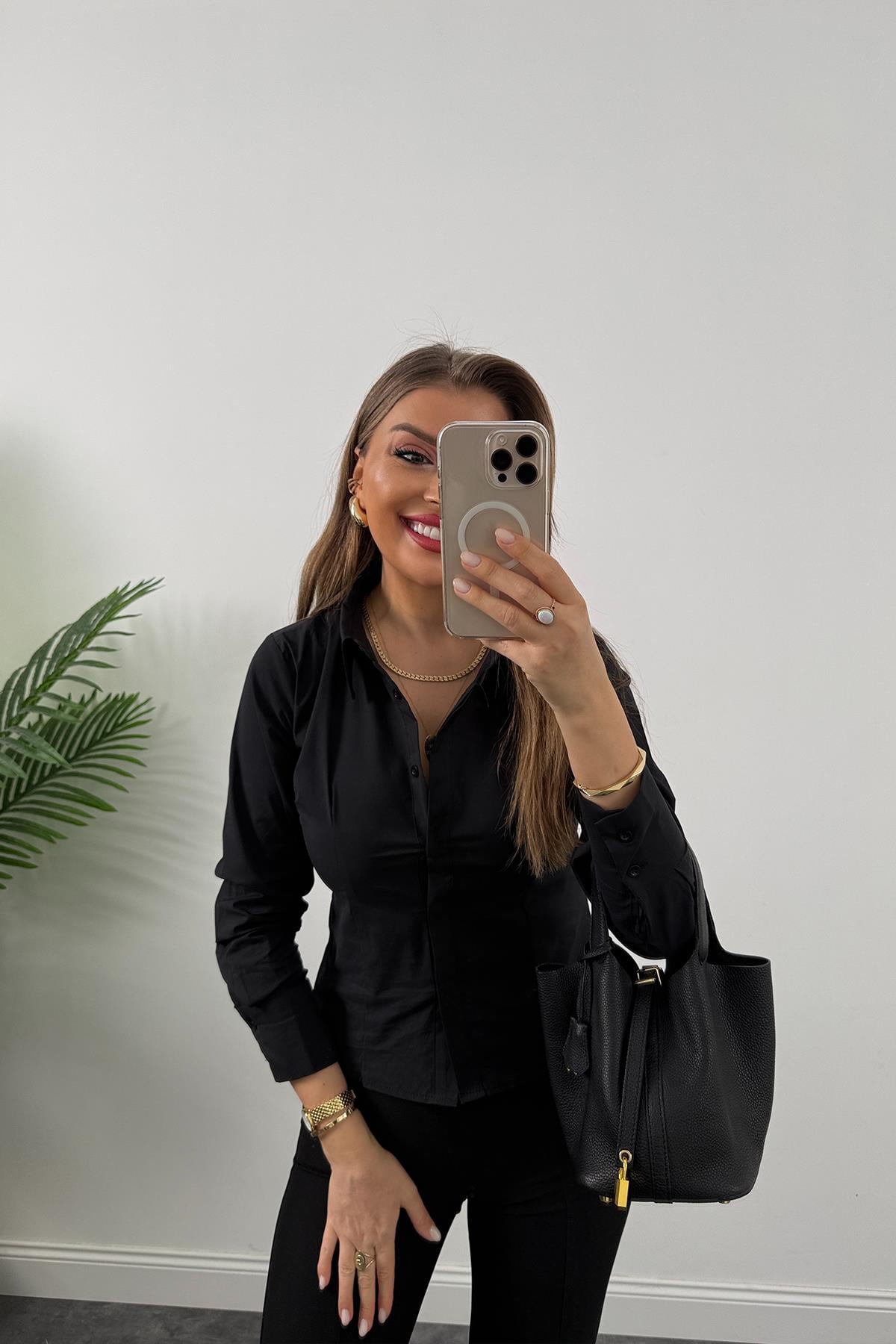 Bebe Marka Lüx Kalite Belden Oturtmalı Basic Gömlek Siyah 