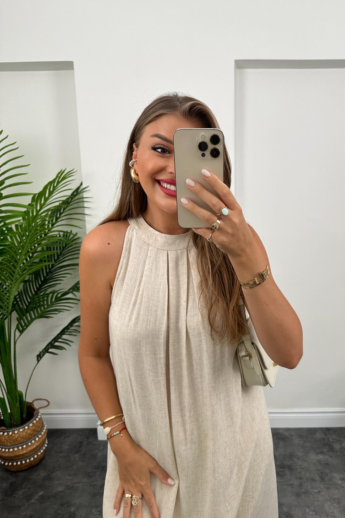 Bebe Marka Maxi Boy Naturel Keten Elbise