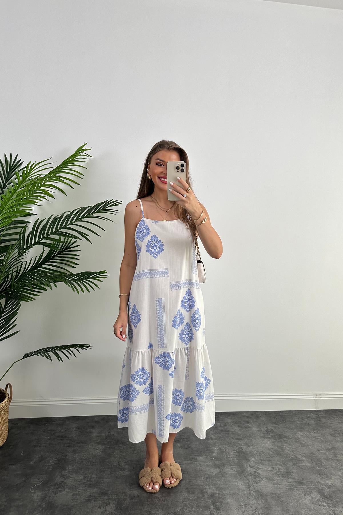 Bebe Marka Tam Pamuklu Mavi Beyaz Maxi Salaş Elbise