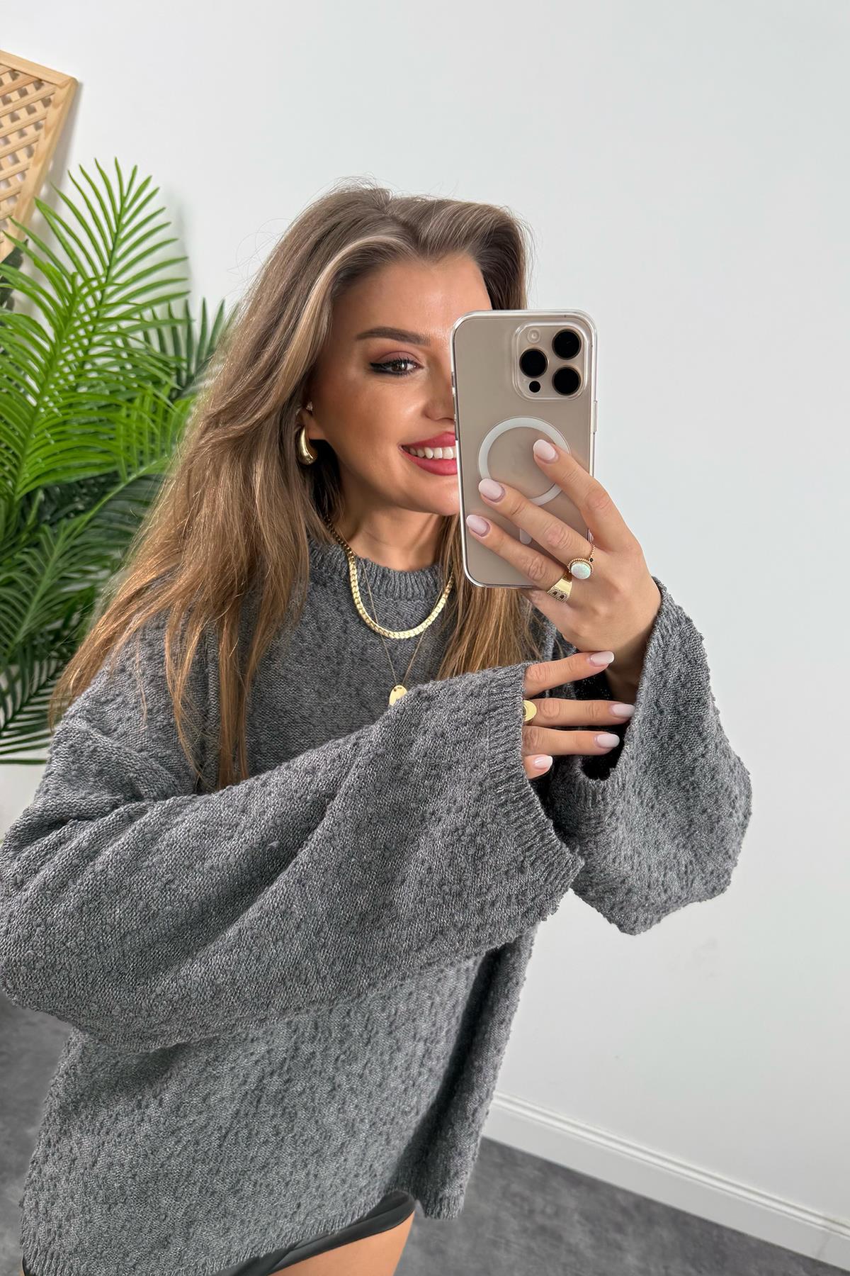 Buklet Triko Pinterest Model Geniş Kol Salaş Kazak Antrasit