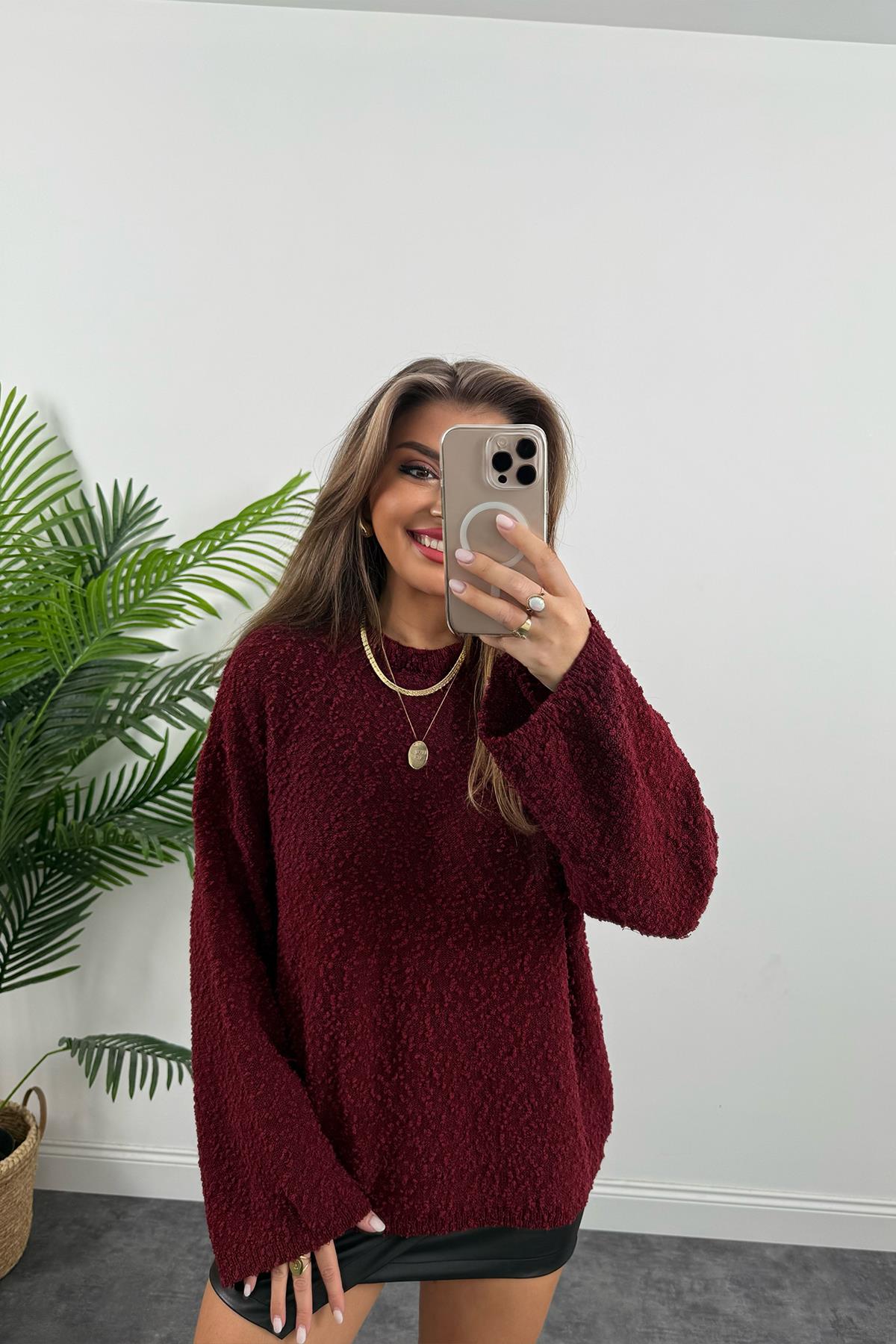 Buklet Triko Pinterest Model Geniş Kol Salaş Kazak Bordo