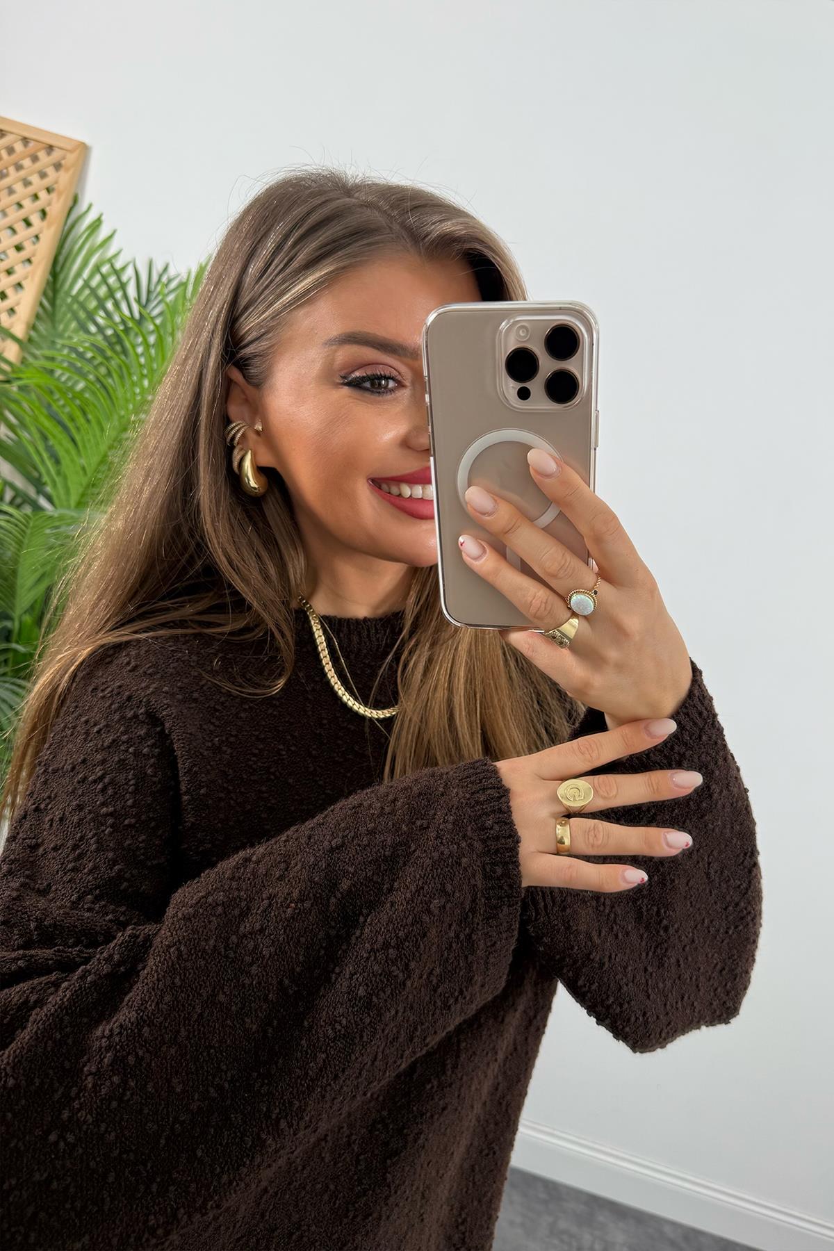 Buklet Triko Pinterest Model Geniş Kol Salaş Kazak Acı Kahve