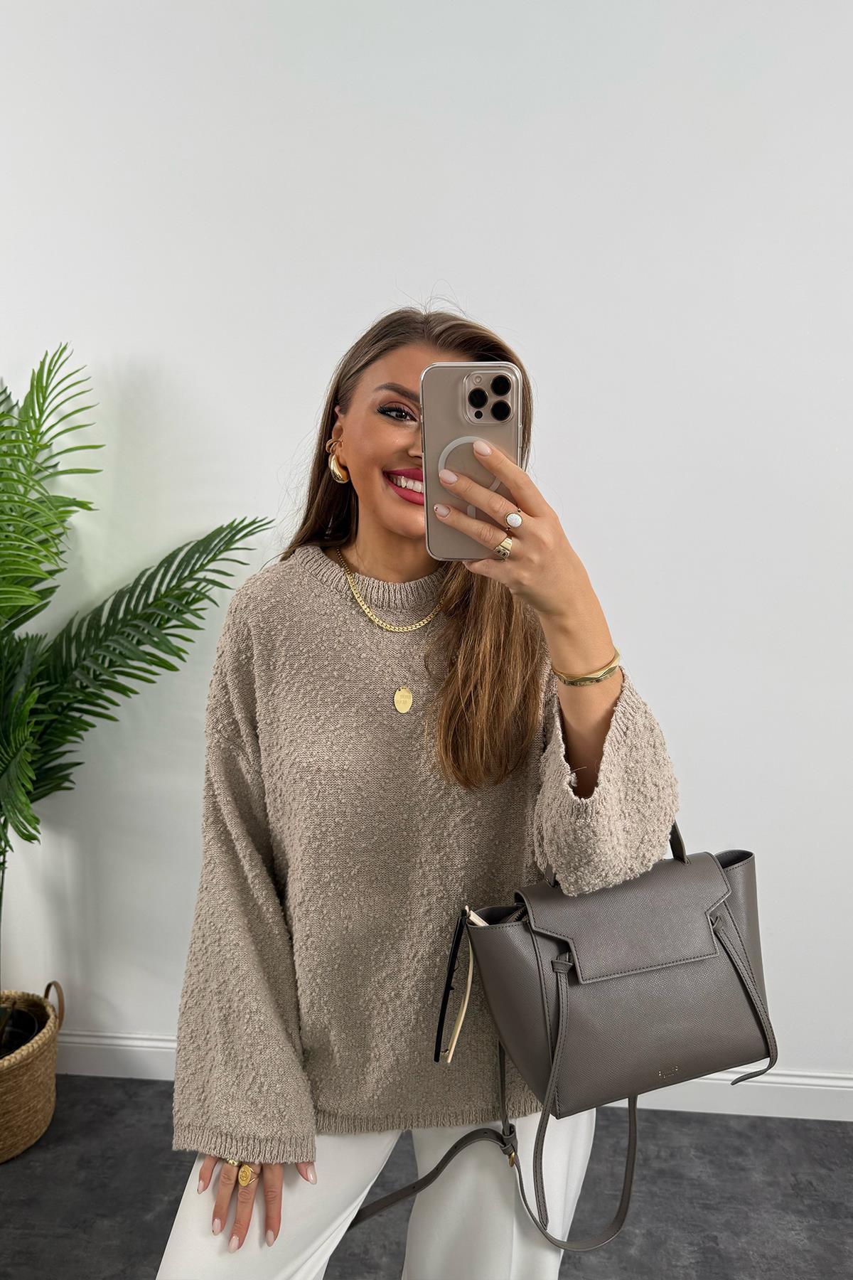 Buklet Triko Pinterest Model Geniş Kol Salaş Kazak Vizon