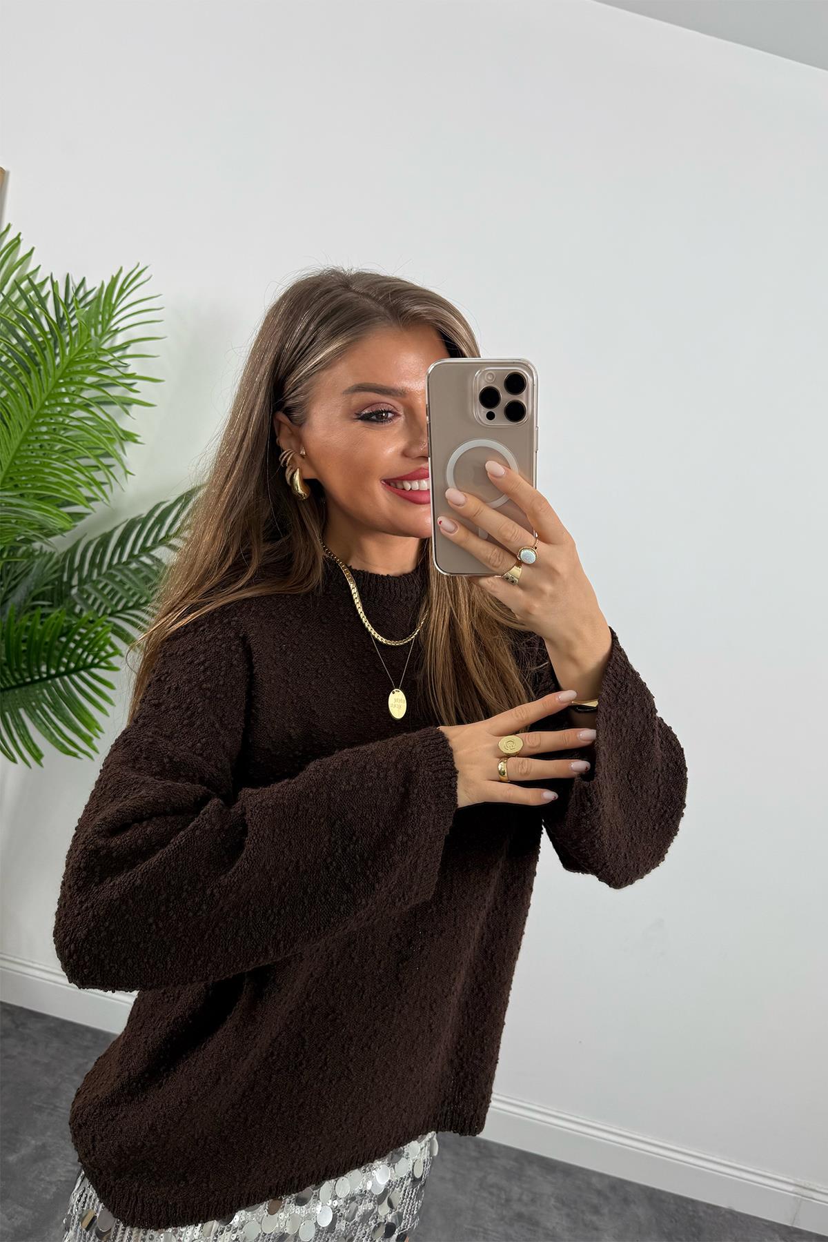 Buklet Triko Pinterest Model Geniş Kol Salaş Kazak Acı Kahve