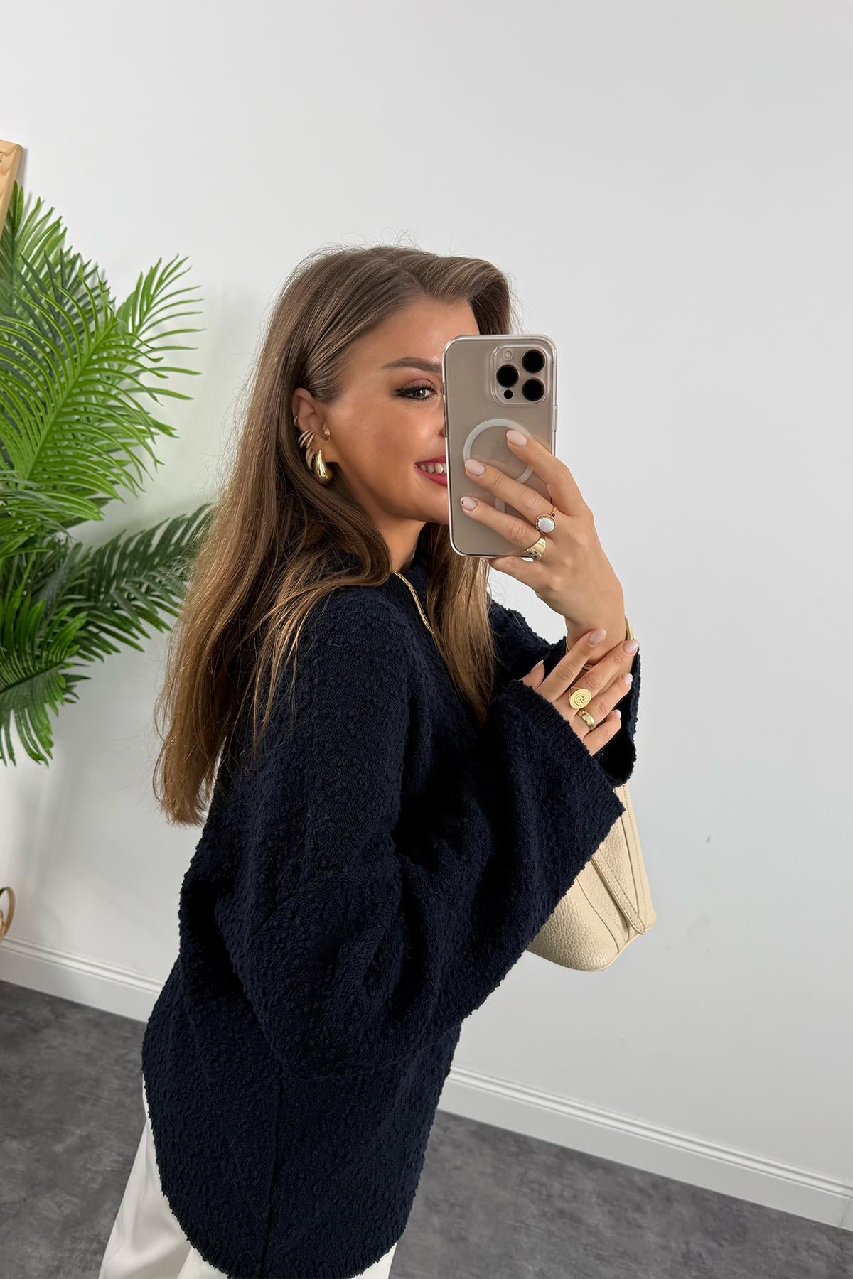 Buklet Triko Pinterest Model Geniş Kol Salaş Kazak Lacivert
