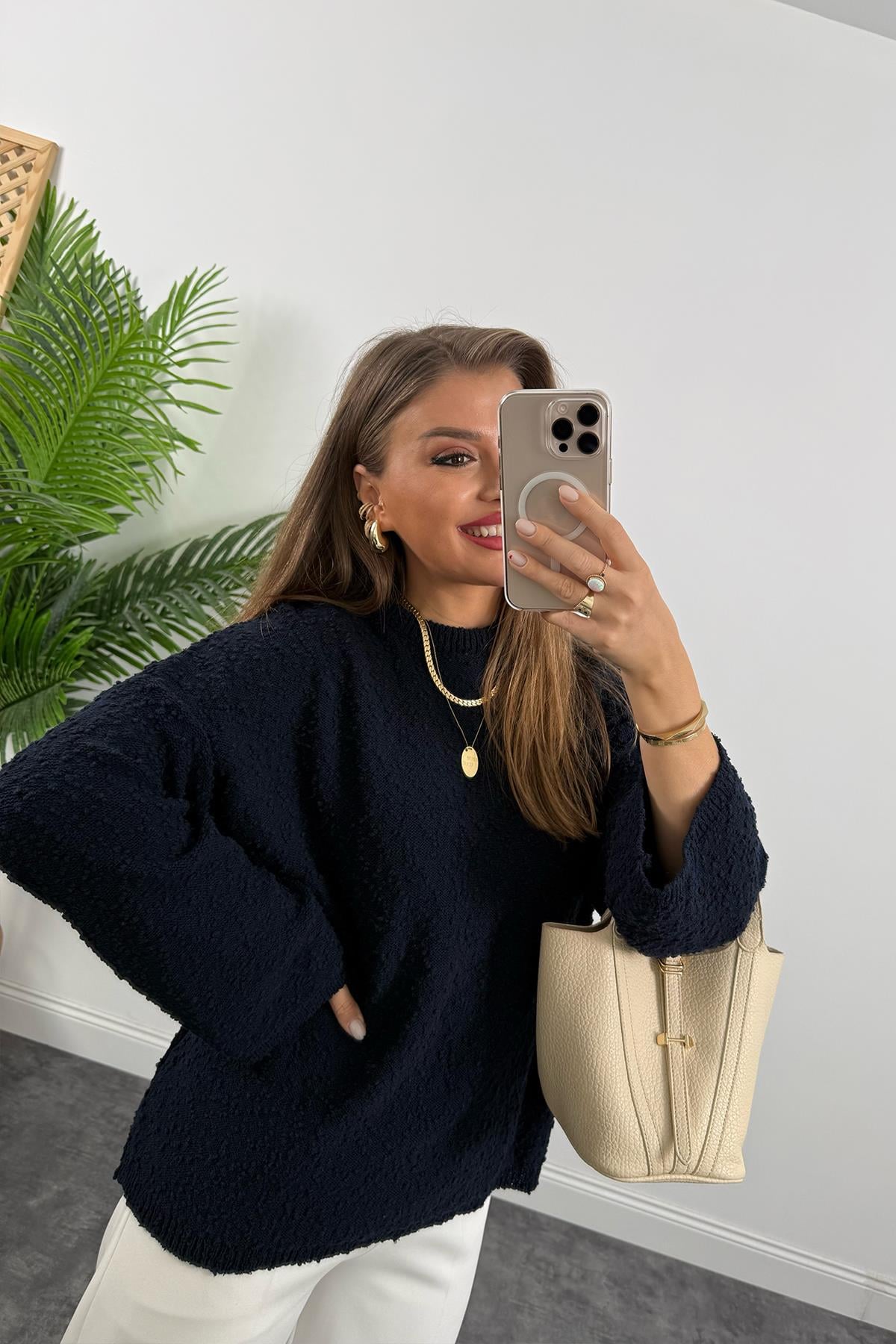 Buklet Triko Pinterest Model Geniş Kol Salaş Kazak Lacivert