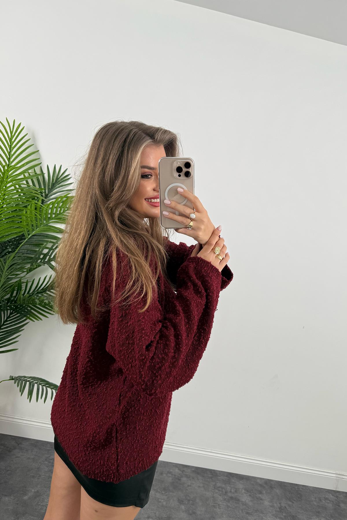 Buklet Triko Pinterest Model Geniş Kol Salaş Kazak Bordo
