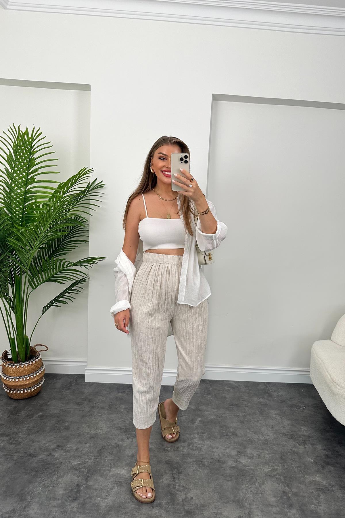 Bürümcük Keten Naturel Renk Harem Jogger Pantolon
